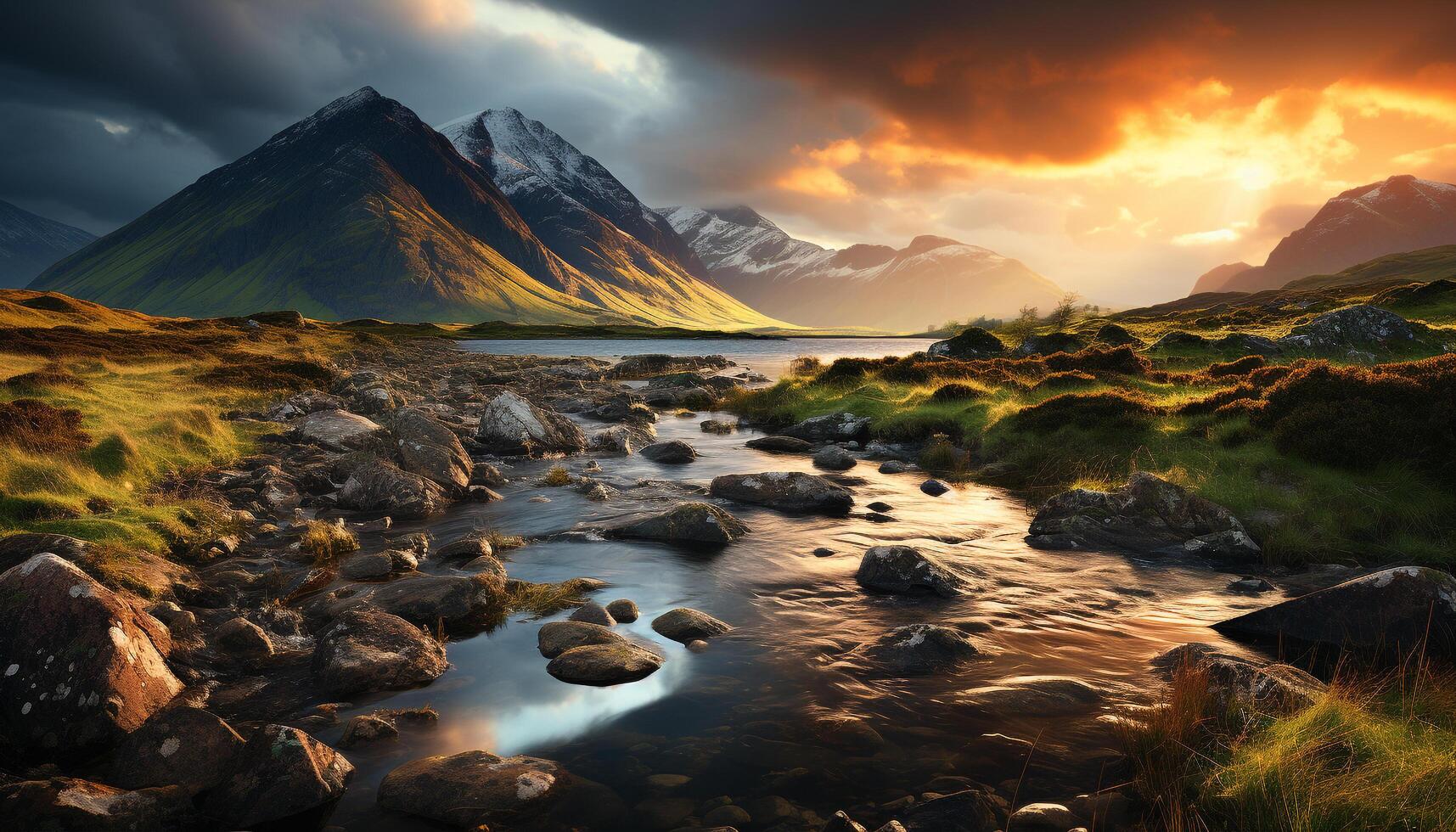 ai generato maestoso montagna picco riflette tranquillo tramonto su acqua generato di ai foto