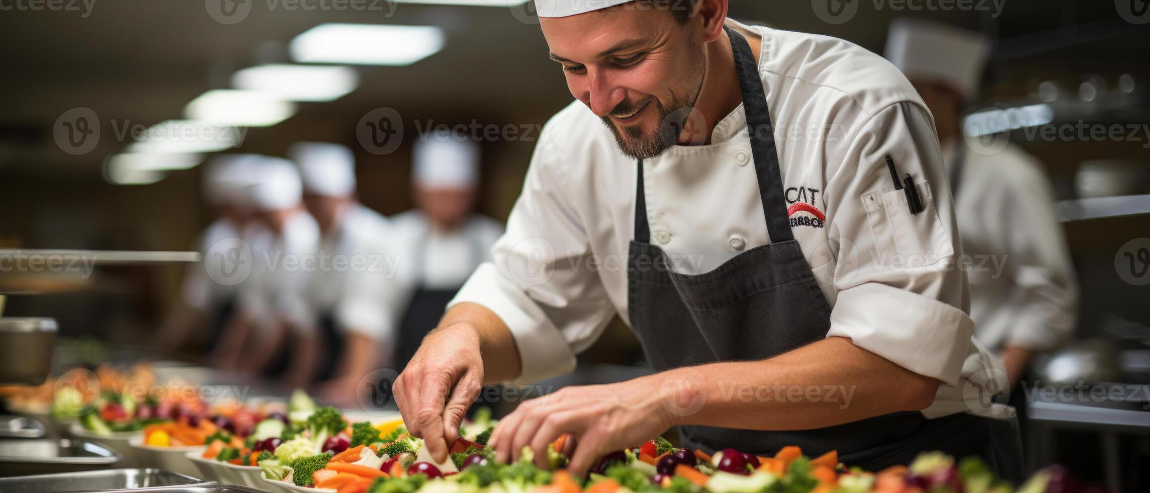 ai generato capocuoco guarnire piatti nel professionale cucina foto