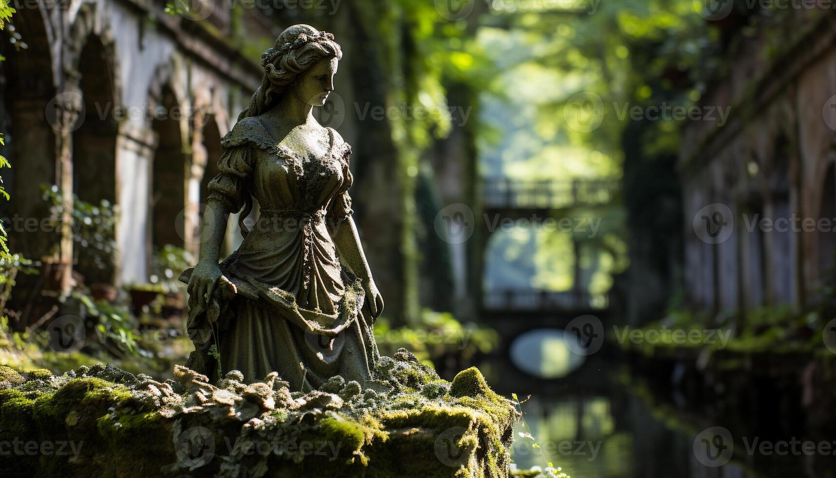 ai generato antico scultura nel formale giardino rappresenta spiritualità generato di ai foto