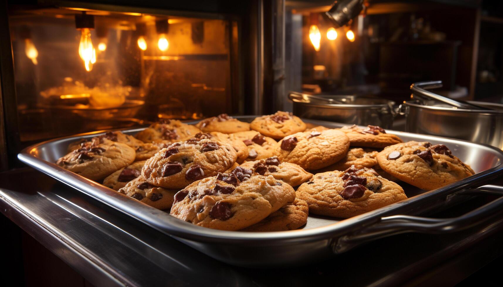 ai generato appena al forno cioccolato patata fritta biscotti su raffreddamento cremagliera generato di ai foto