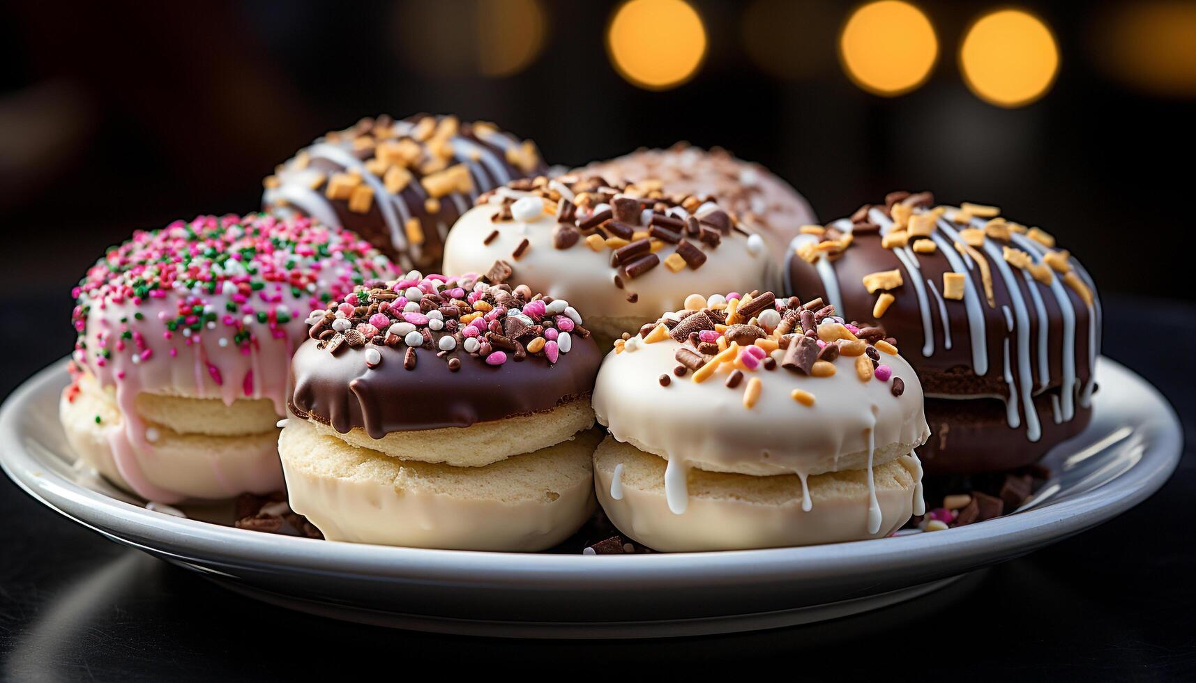 ai generato pila di fatti in casa cioccolato ciambelle su di legno tavolo generato di ai foto