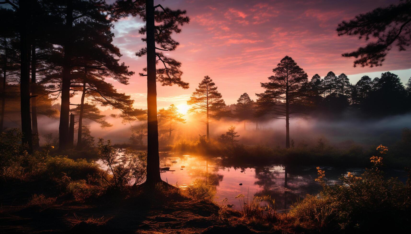 ai generato tranquillo scena di un' tramonto al di sopra di un' foresta generato di ai foto