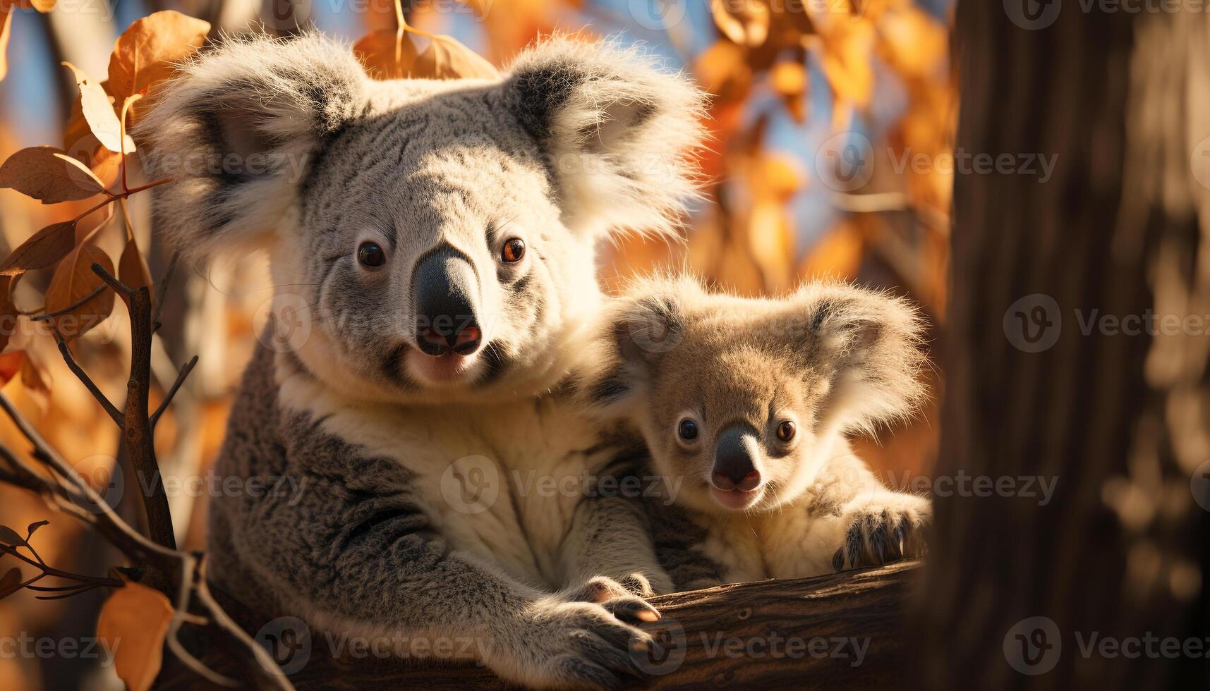 ai generato carino koala seduta su ramo, guardare a telecamera generato di ai foto