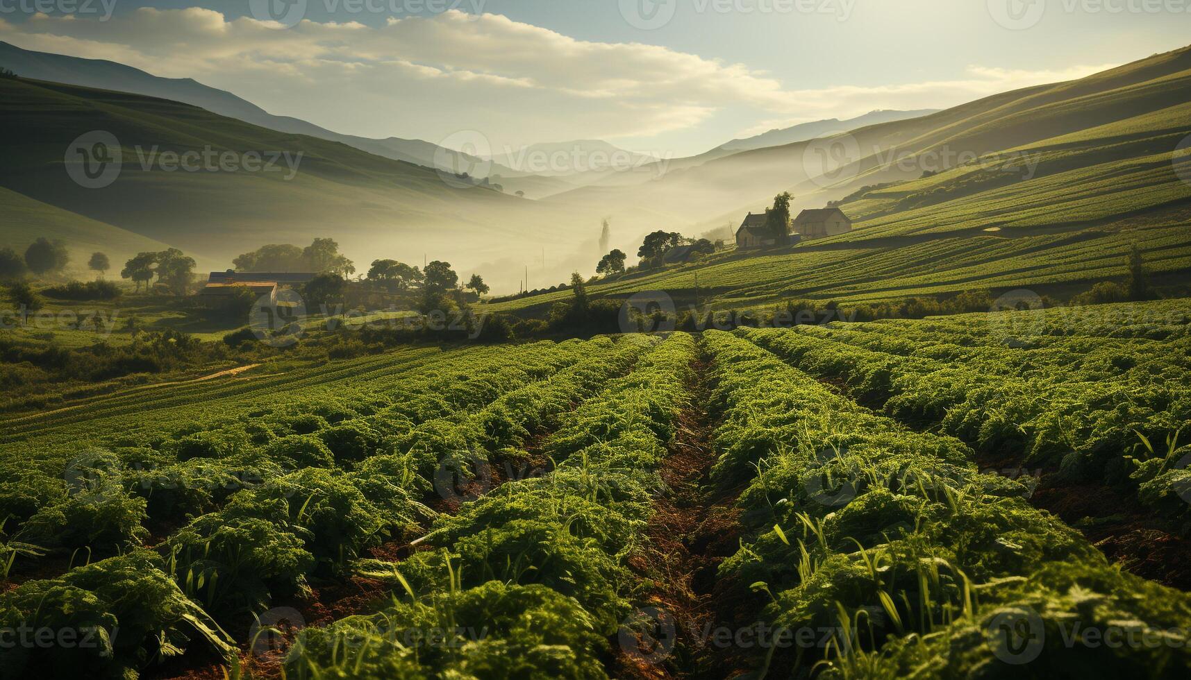 ai generato verde prato, albero, foglia, estate, erba, freschezza, tramonto generato di ai foto