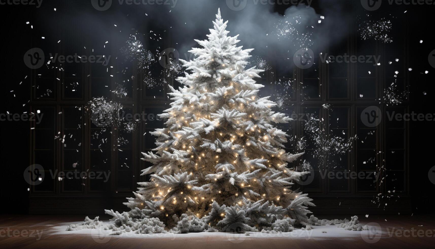 ai generato inverno notte, nevicando, Natale albero, incandescente, regalo generato di ai foto