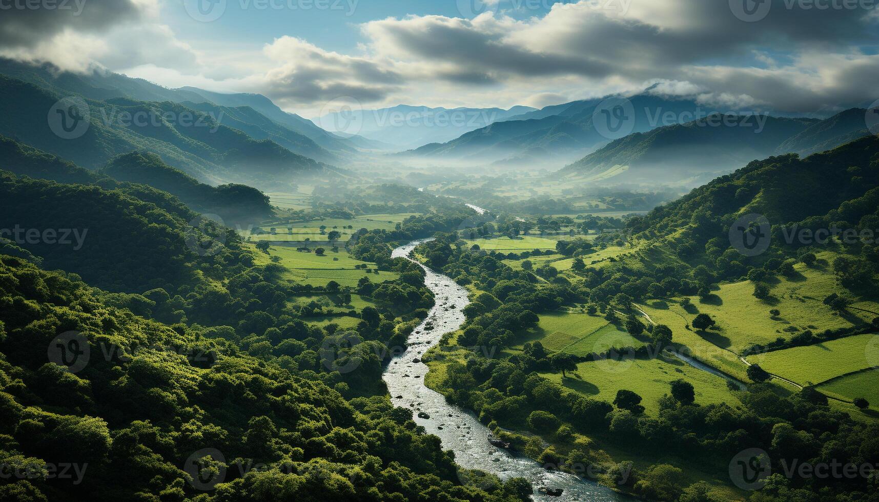 ai generato tranquillo prato, verde alberi, blu cielo, tranquillo, calmo generato di ai foto