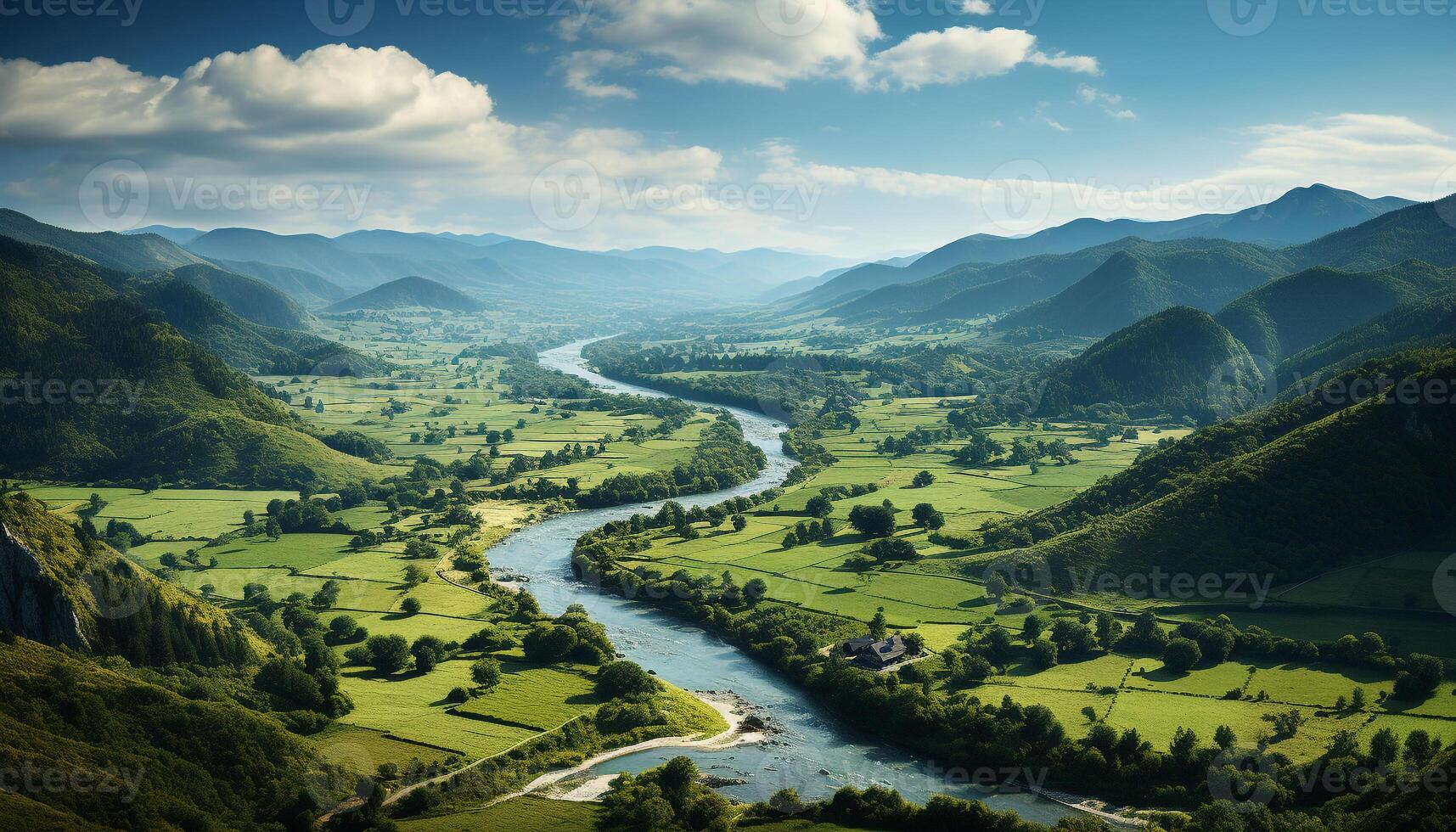 ai generato tranquillo scena di verde prato e montagna picco generato di ai foto