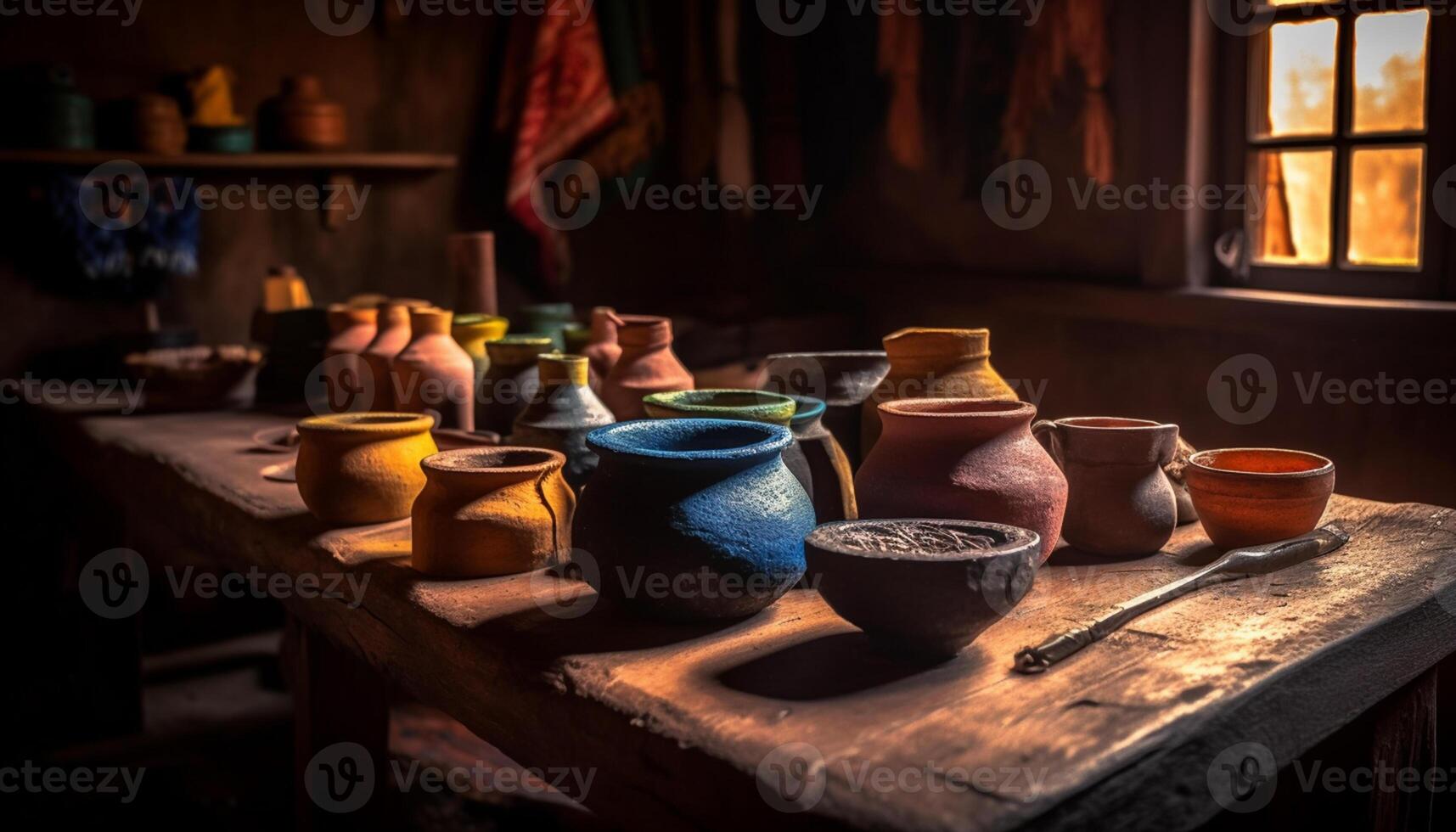 ai generato ceramica mestiere culture argilla laboratorio vaso craftsperson terracotta vaso legna Materiale generato di ai foto