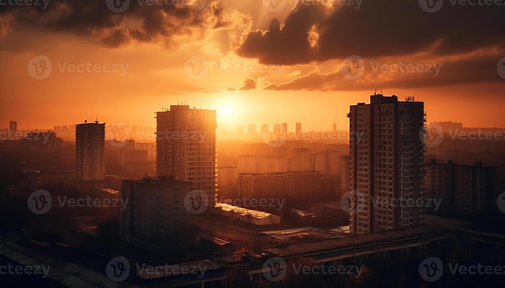 ai generato tramonto al di sopra di il città, grattacieli silhouette contro il colorato cielo generato di ai foto