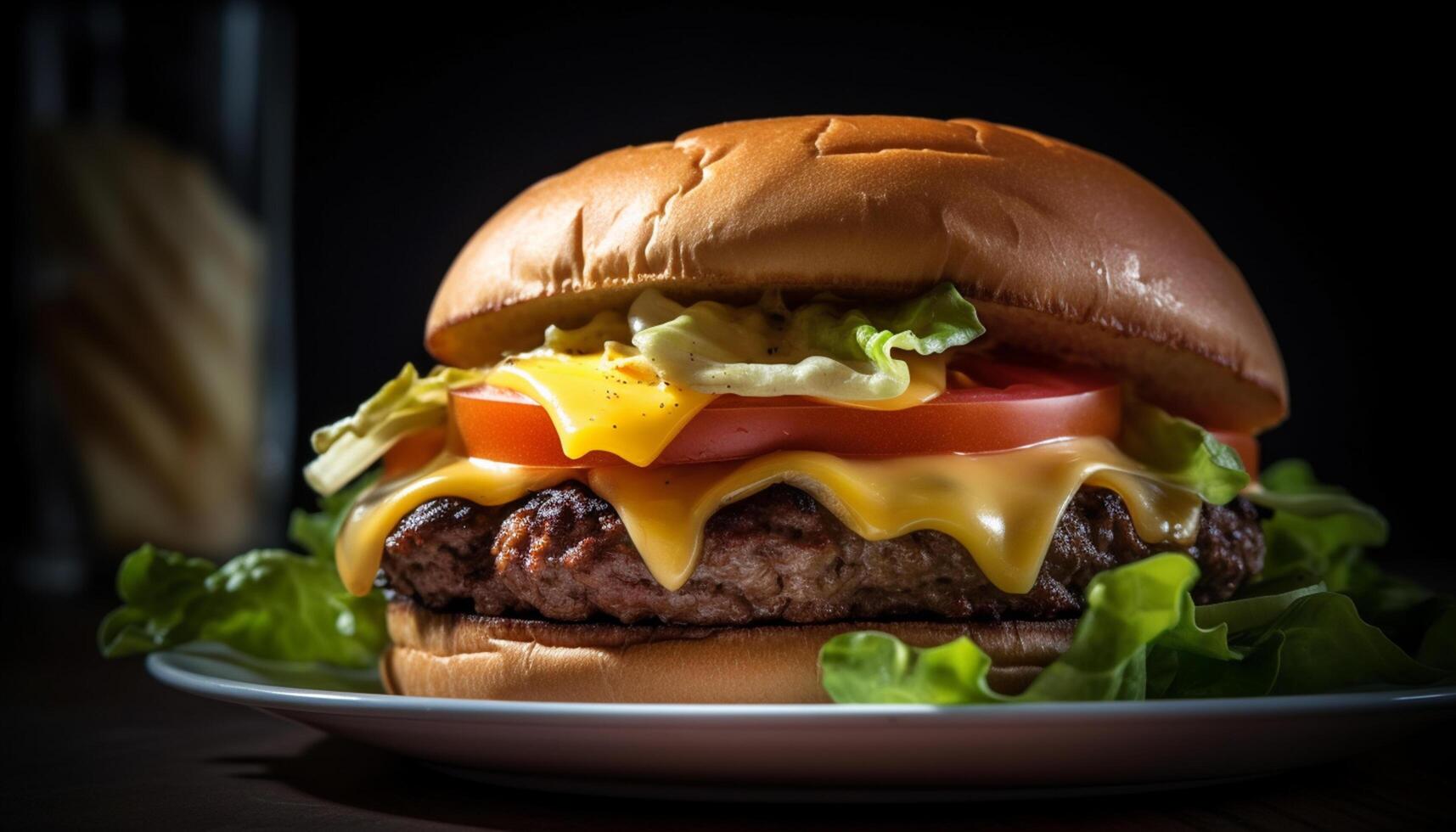 ai generato grigliato buongustaio hamburger con formaggio, pomodoro, cipolla su sesamo ciambella generato di ai foto