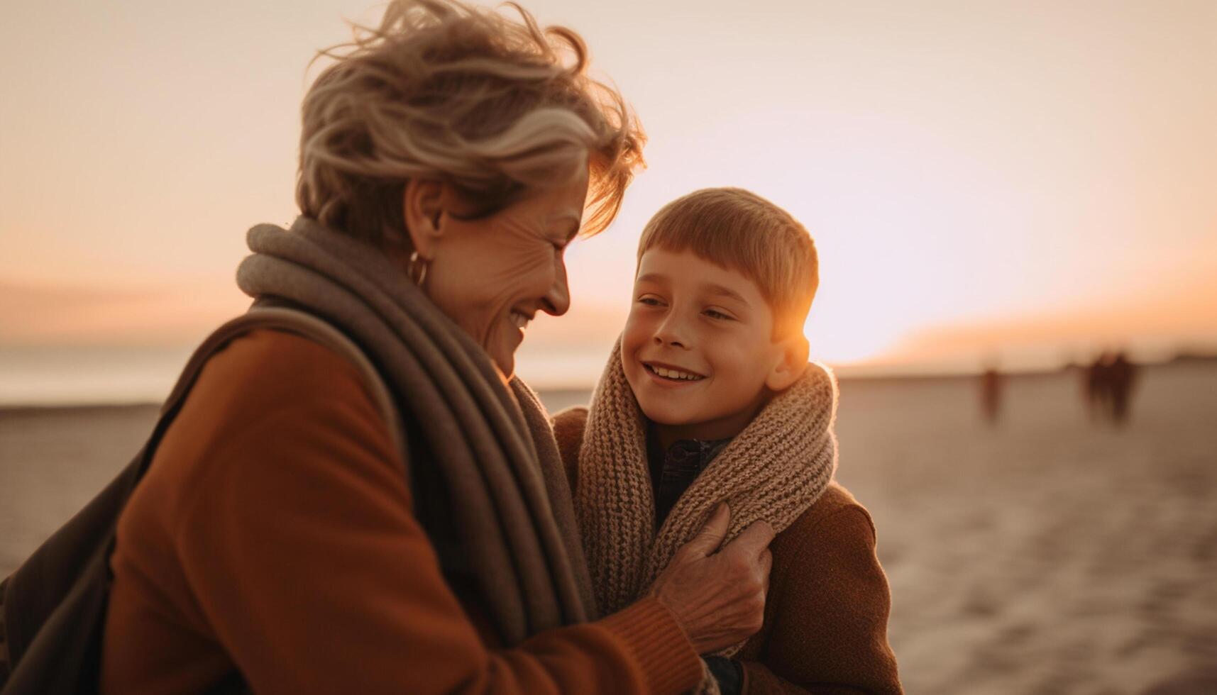 ai generato sorridente famiglia abbraccia natura, godendo tramonto, la creazione di amato ricordi generato di ai foto