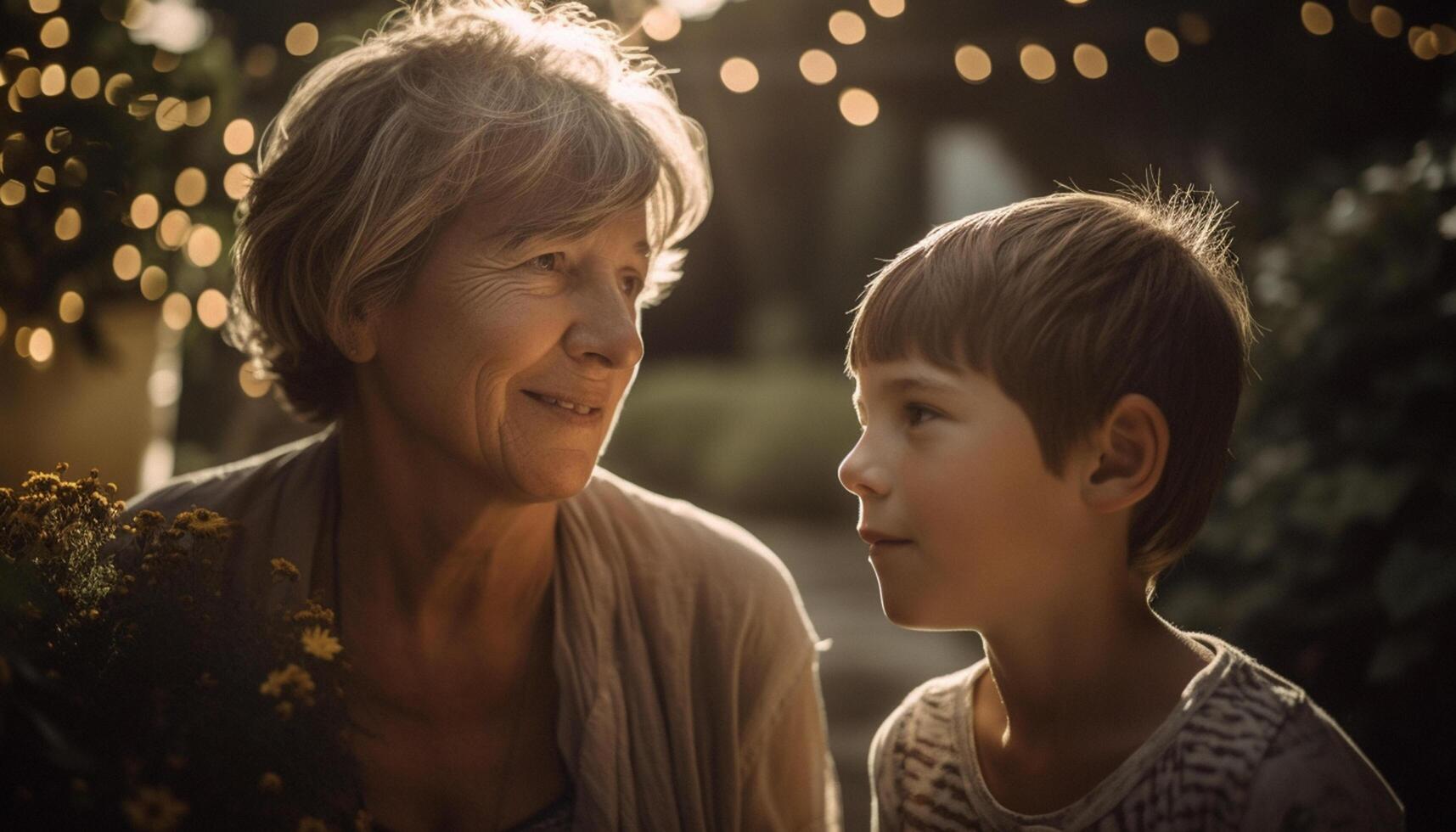 ai generato sorridente famiglia all'aperto, bonding amore, allegro nipote Abbracciare una persona nonno generato di ai foto