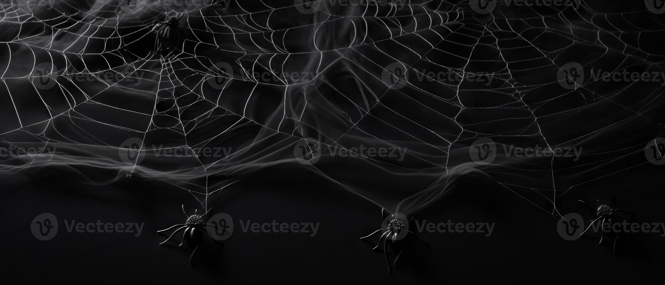 ai generato ragno su intricato ragnatela contro nero foto