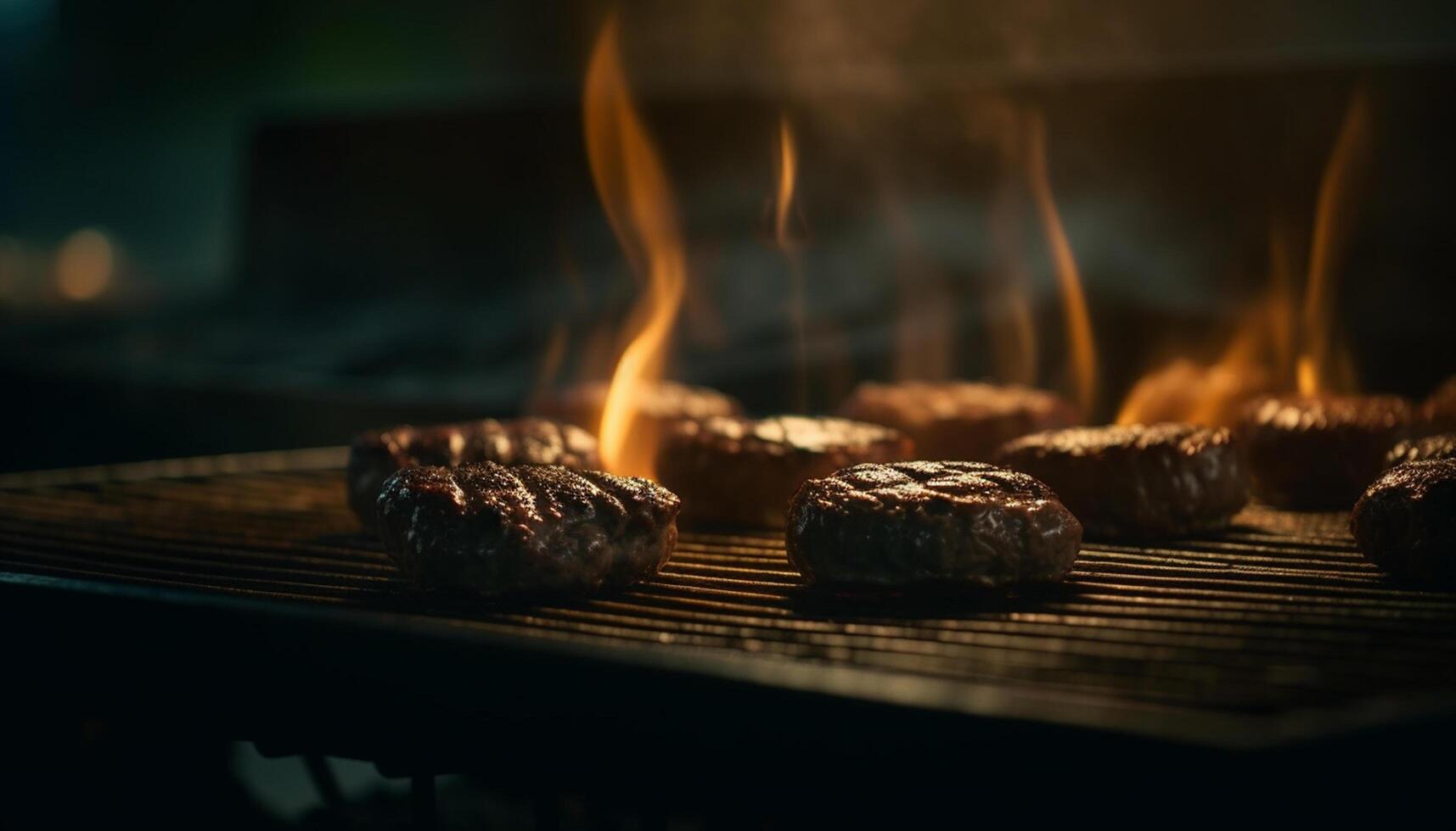 ai generato grigliato carne su un' caldo barbecue, fiamme ballare, Fumo crescente generato di ai foto