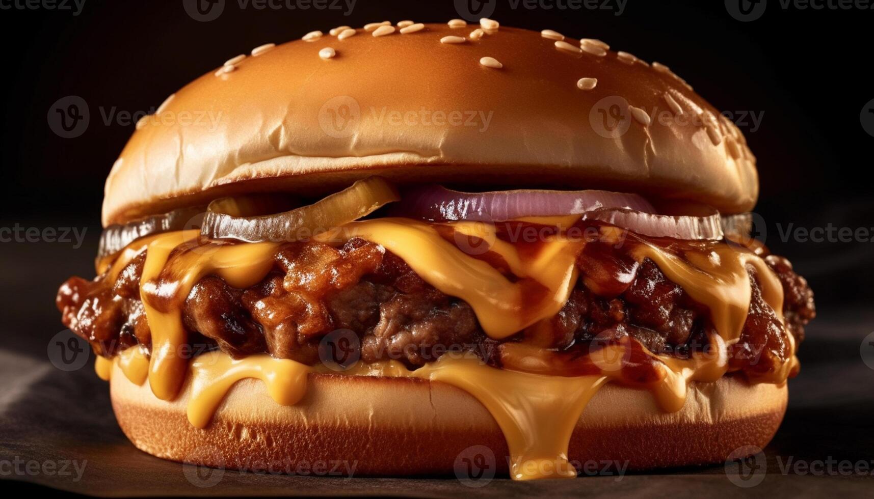 ai generato grigliato Manzo Sandwich, americano buongustaio hamburger su rustico di legno tavolo generato di ai foto