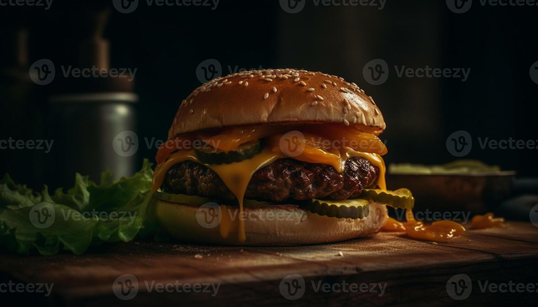 ai generato grigliato Manzo hamburger con formaggio, pomodoro, e cipolla su legna generato di ai foto