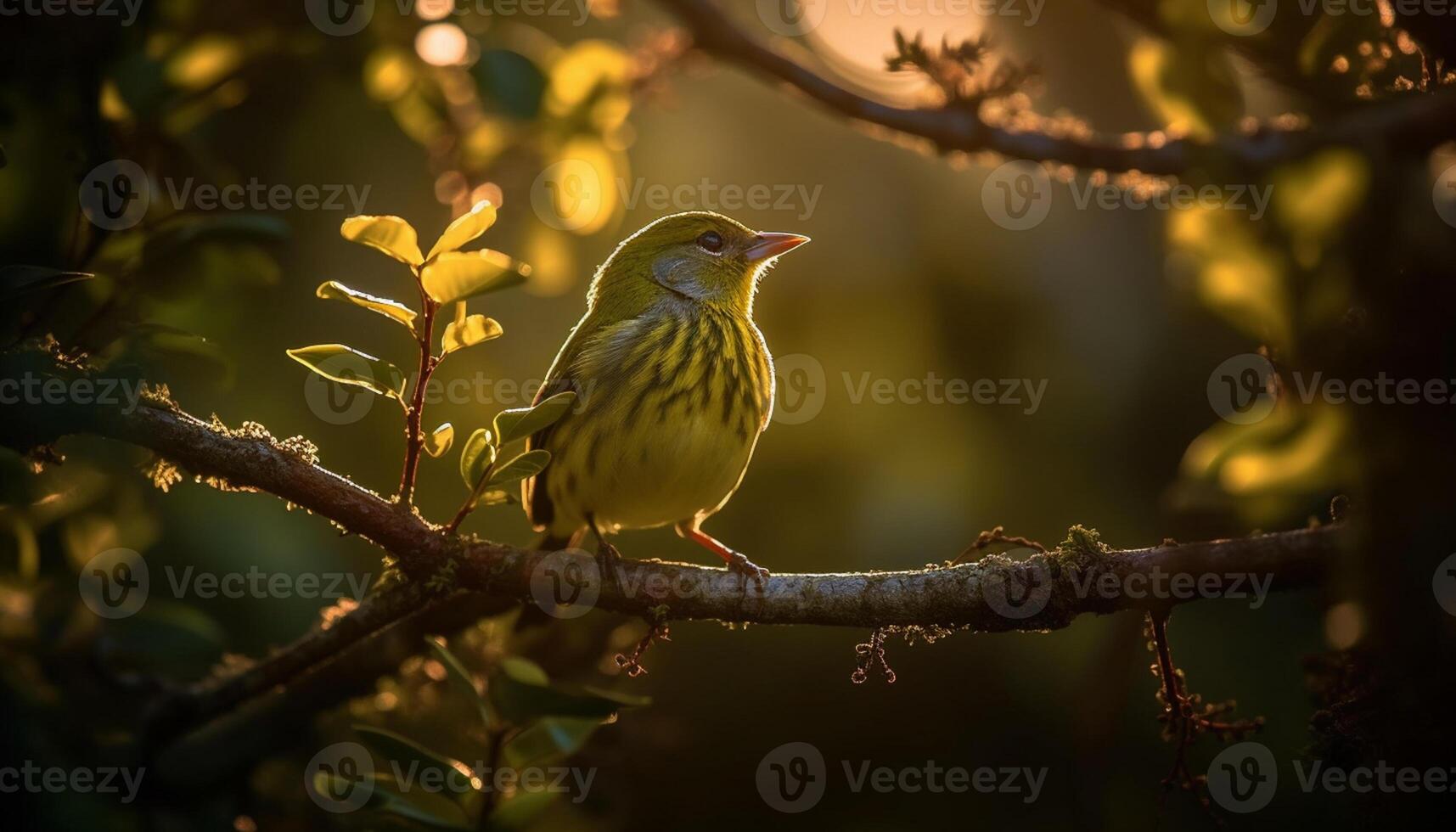 ai generato un' piccolo giallo uccello perching su un' ramo nel il foresta generato di ai foto