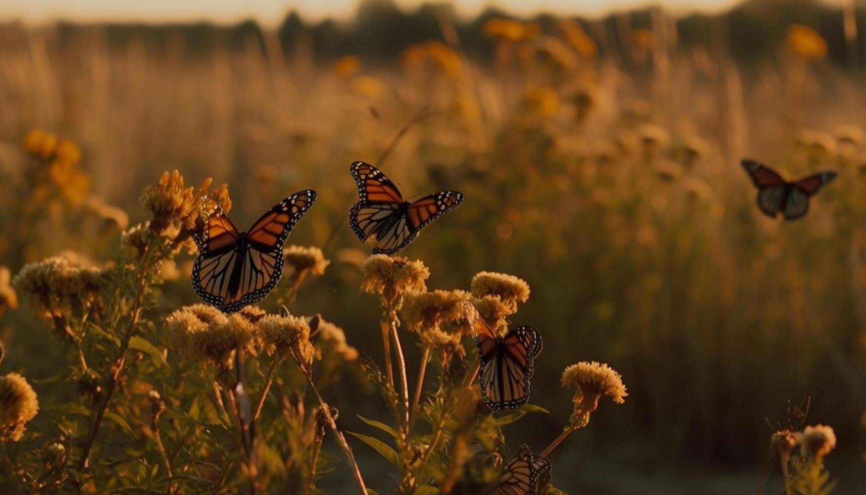 ai generato un' vivace farfalla nel natura, volante in mezzo prato erba generato di ai foto