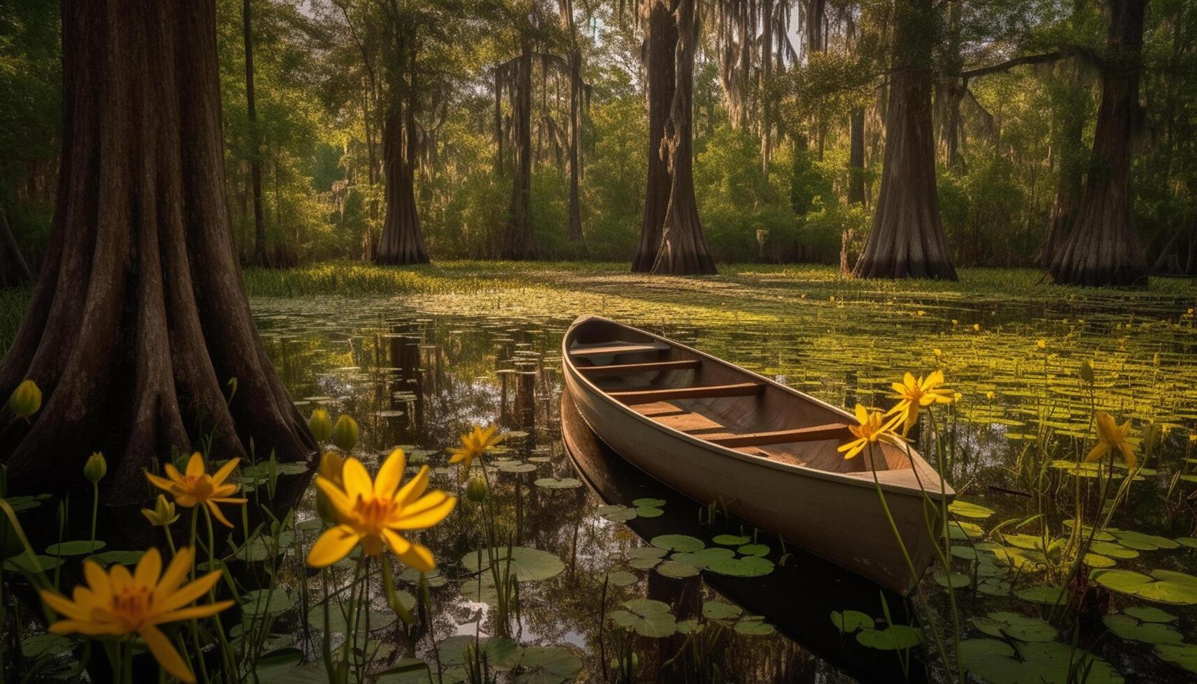 ai generato tranquillo scena di un' giallo albero di un' tranquillo, calmo stagno generato di ai foto