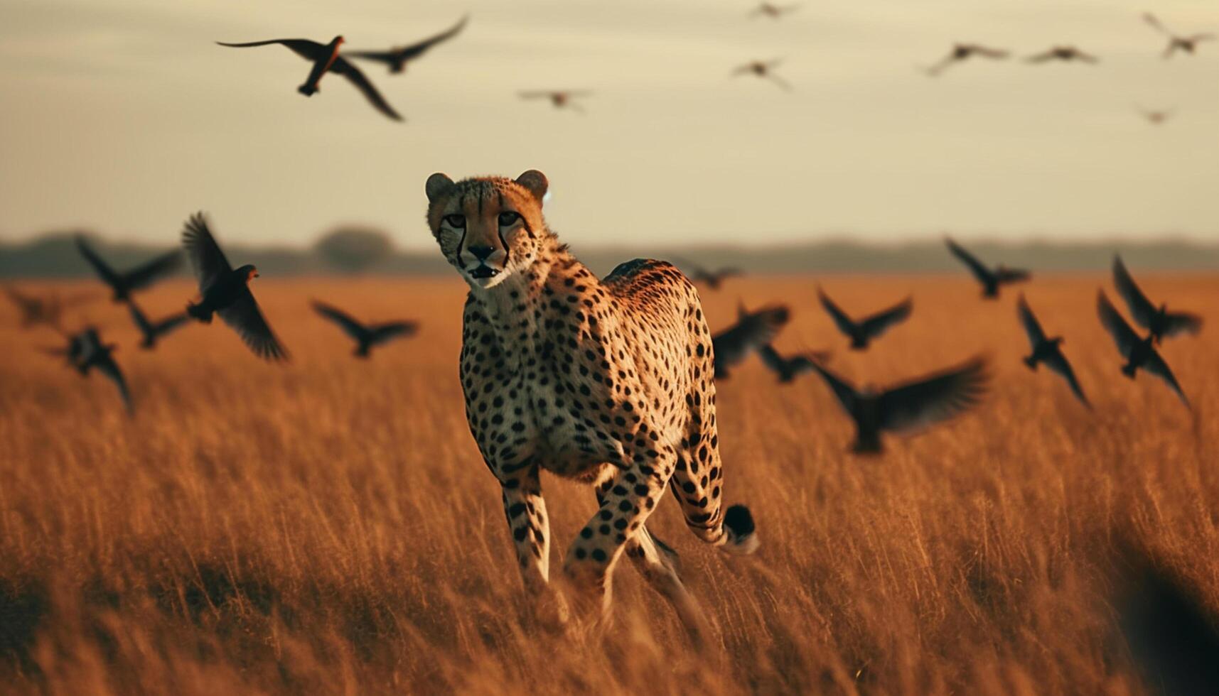 ai generato maestoso ghepardo in esecuzione nel il africano savana a tramonto generato di ai foto