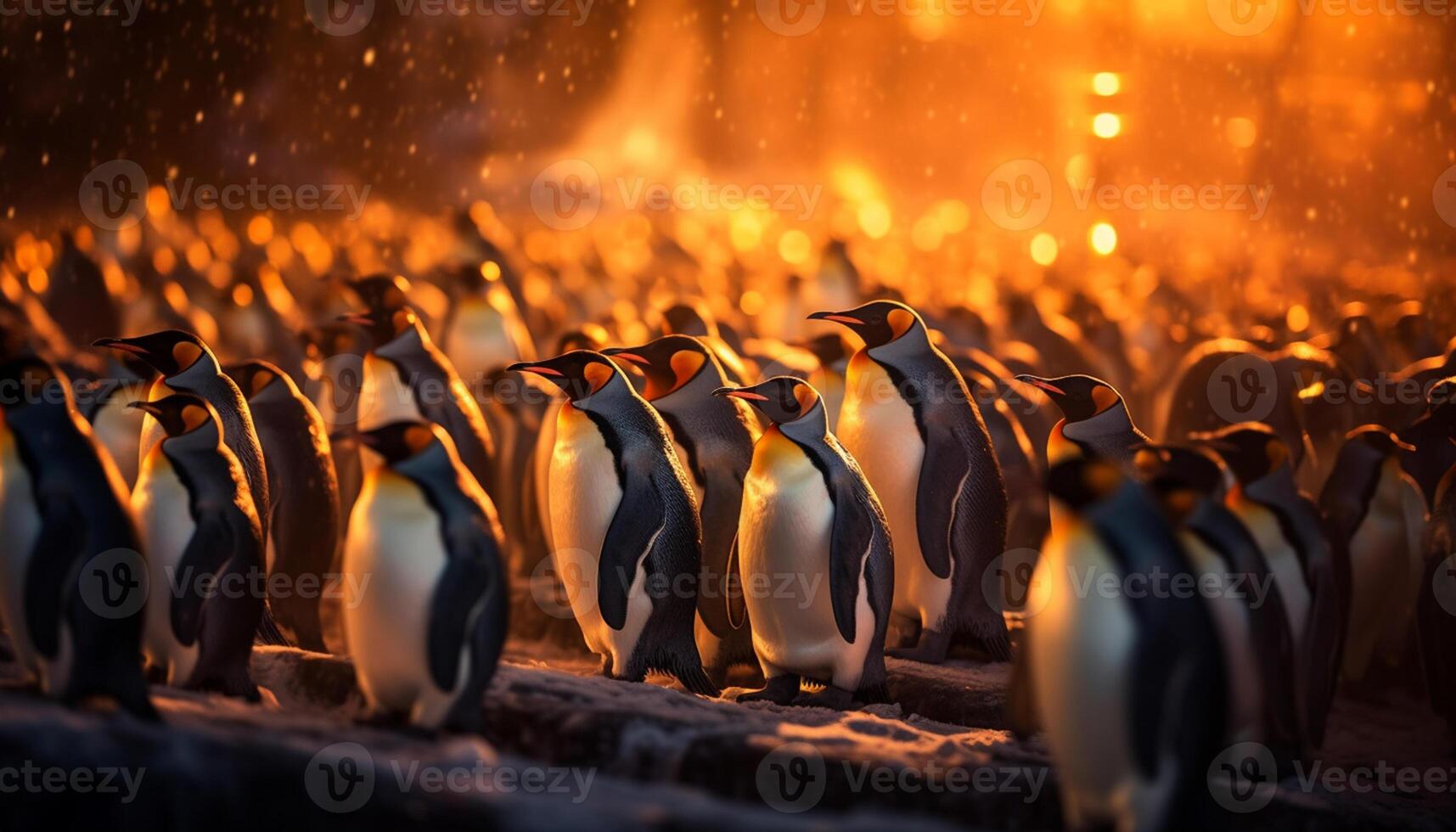 ai generato un' gruppo di pinguini in piedi nel il neve a notte generato di ai foto