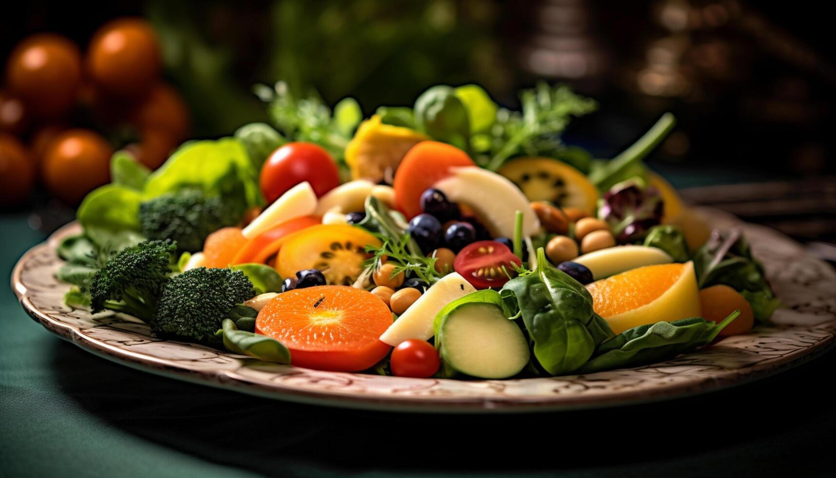 ai generato fresco, salutare insalata con un' varietà di colorato verdure e frutta generato di ai foto