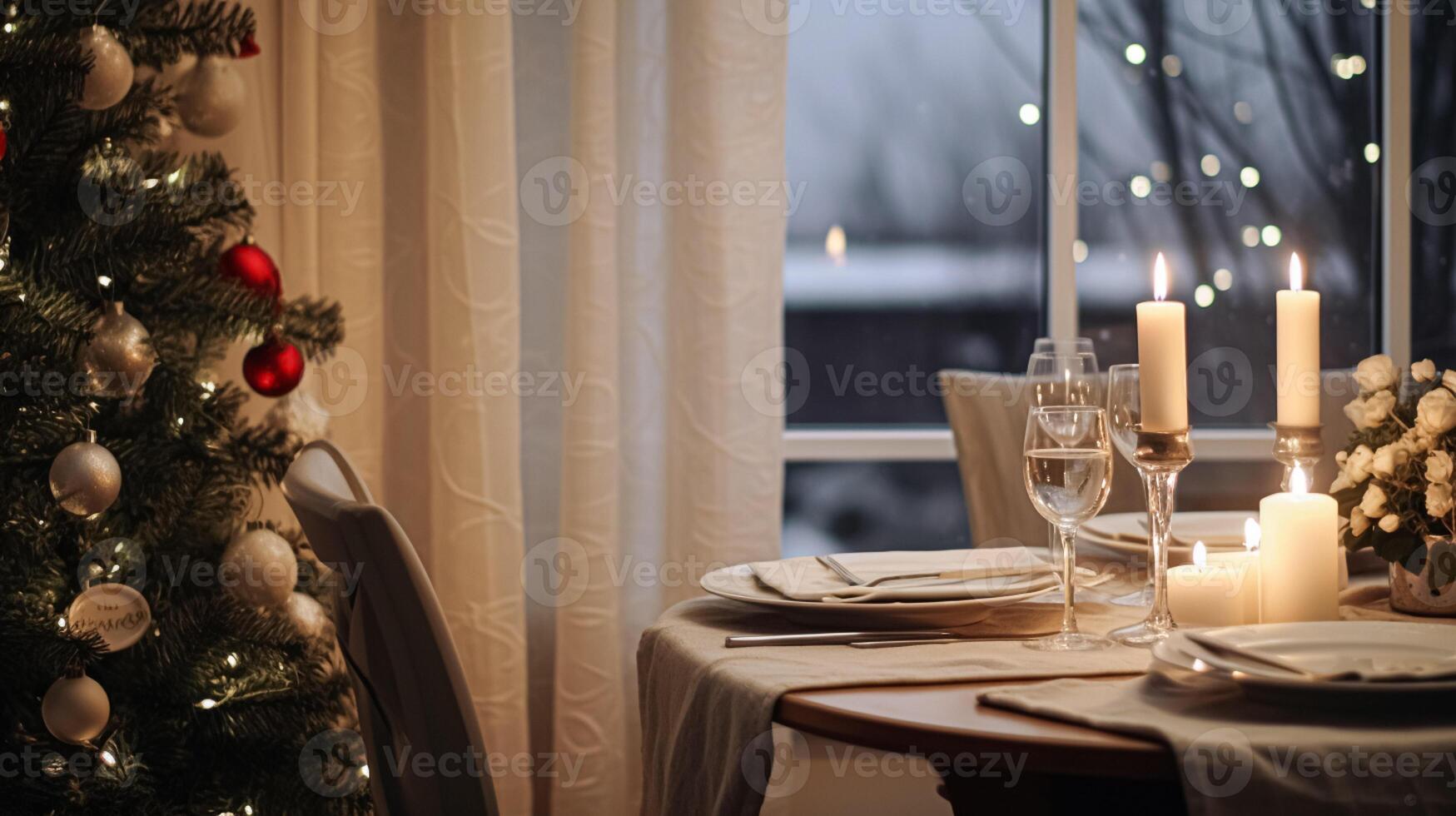 tavolo arredamento per festivo famiglia cena a casa, vacanza tablescape e tavolo ambientazione, formale per nozze, celebrazione, inglese nazione e casa messa in piega foto