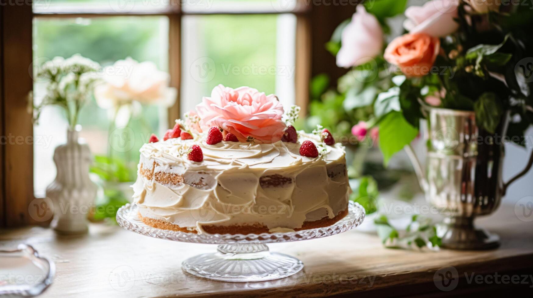 ai generato fatti in casa compleanno torta nel il inglese campagna Casa, Villetta cucina cibo e vacanza cottura al forno ricetta foto