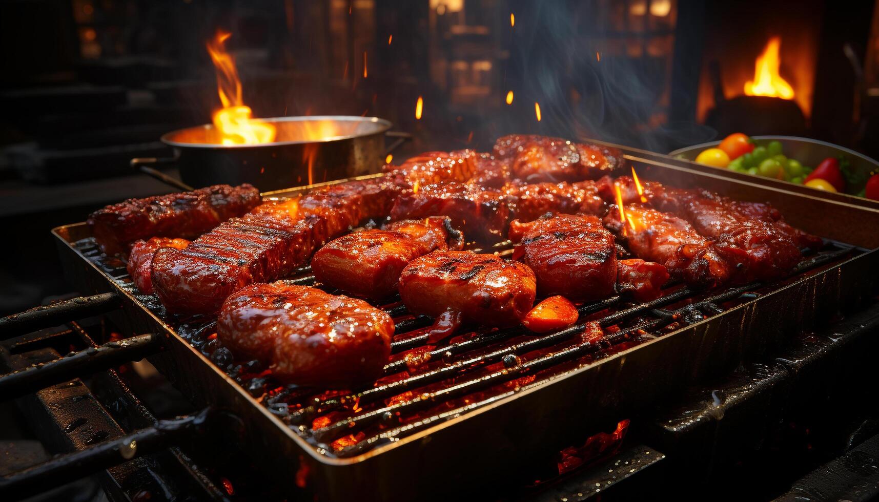 ai generato grigliato carne su un' caldo barbecue, estate pranzo generato di ai foto