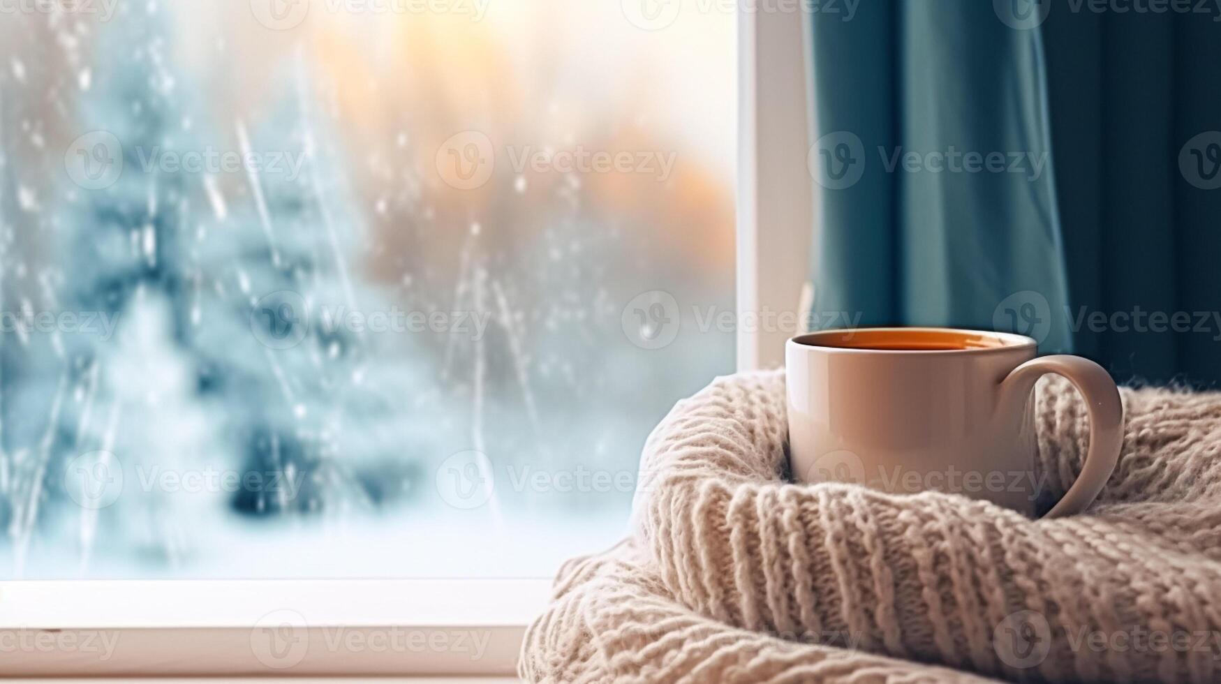 ai generato inverno vacanze, calma e accogliente casa, tazza di tè o caffè boccale e a maglia coperta vicino finestra nel il inglese campagna villetta, vacanza atmosfera foto