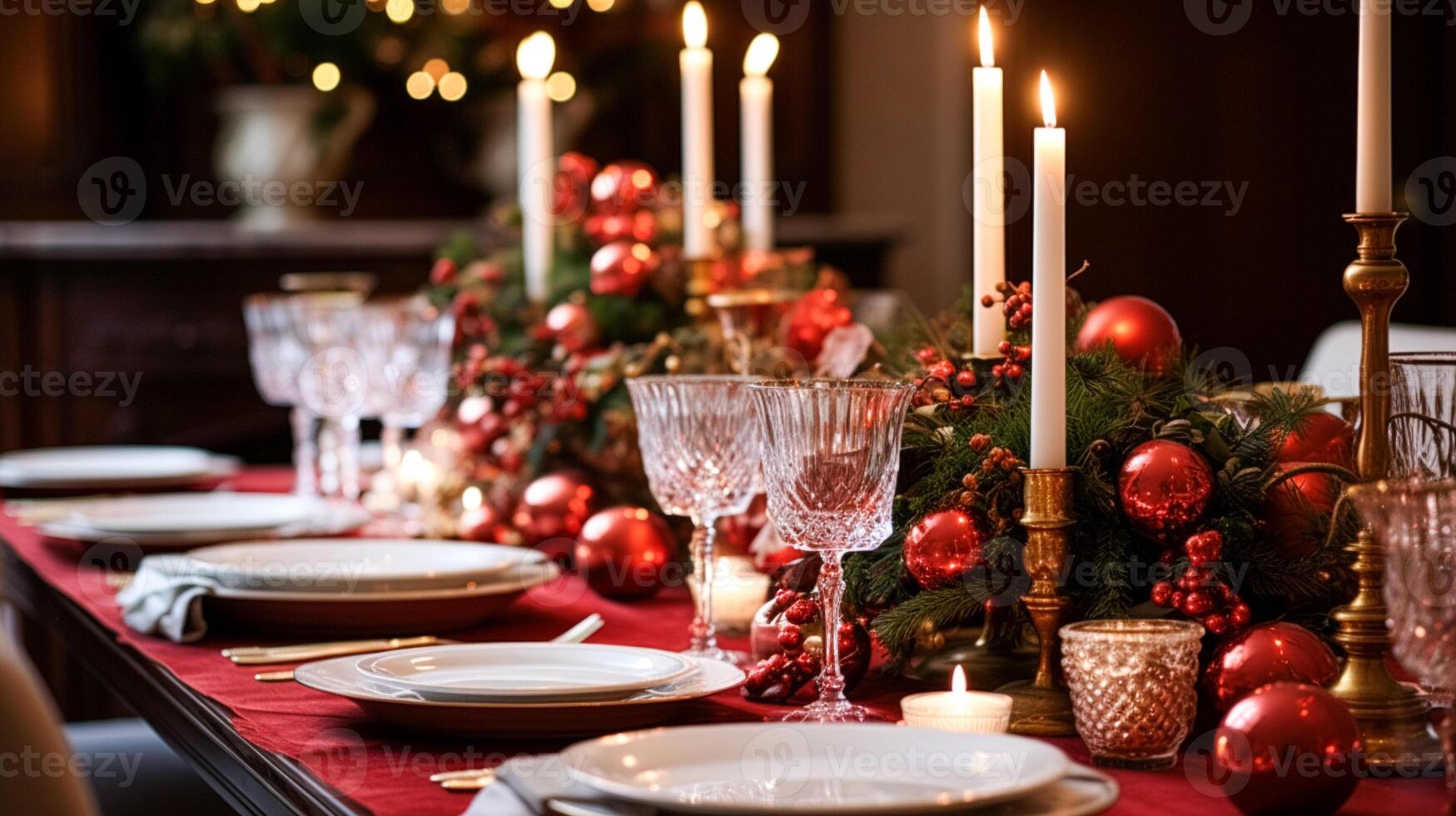 ai generato Natale tavolo arredamento, vacanza tablescape e cena tavolo ambientazione, formale evento decorazione per nuovo anno, famiglia celebrazione, inglese nazione e casa messa in piega foto