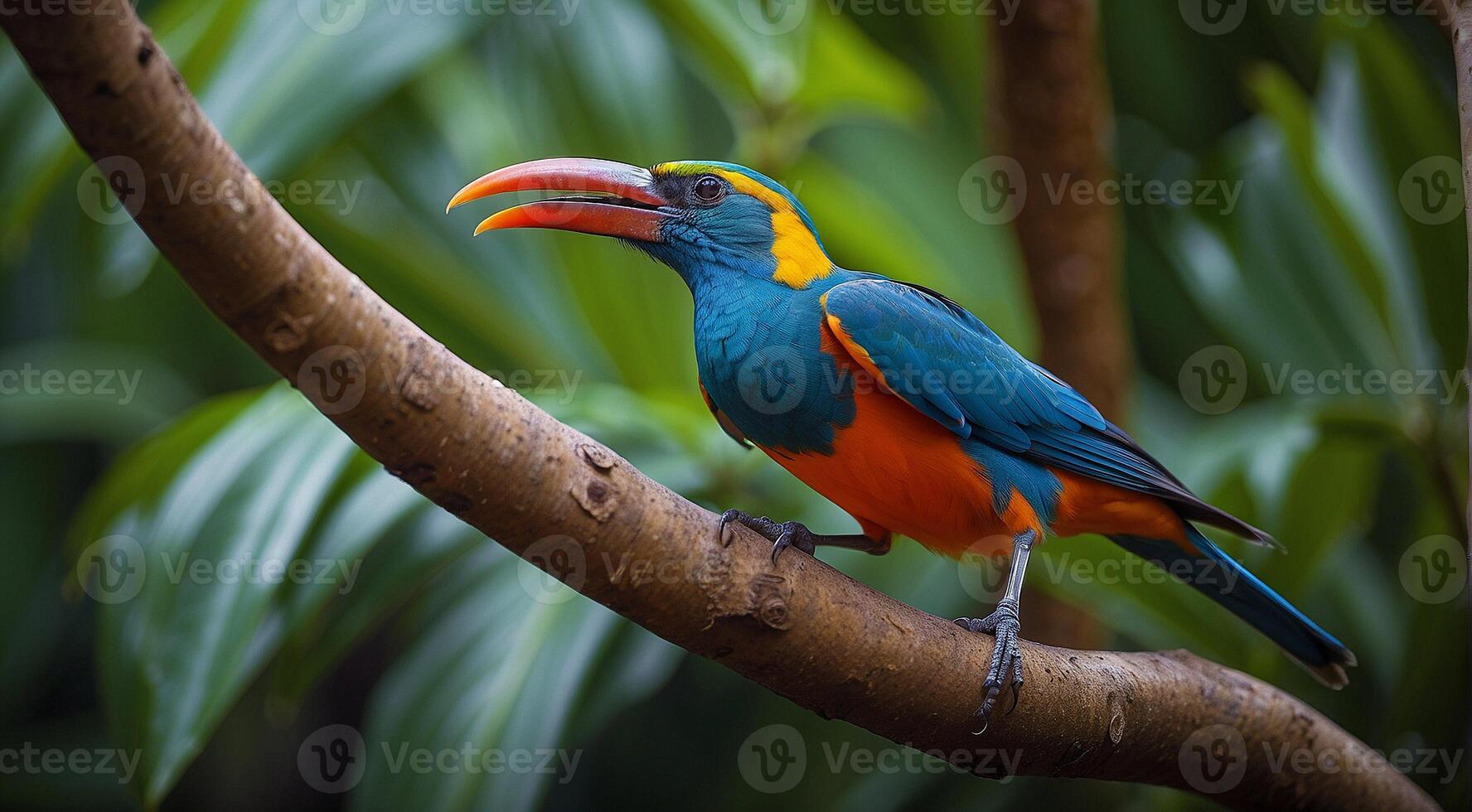 ai generato colorato bellissimo uccello seduta su il albero nel il giungla, colorato selvaggio uccello, colorato selvaggio uccello seduta su il ramo di albero nel giungla foto