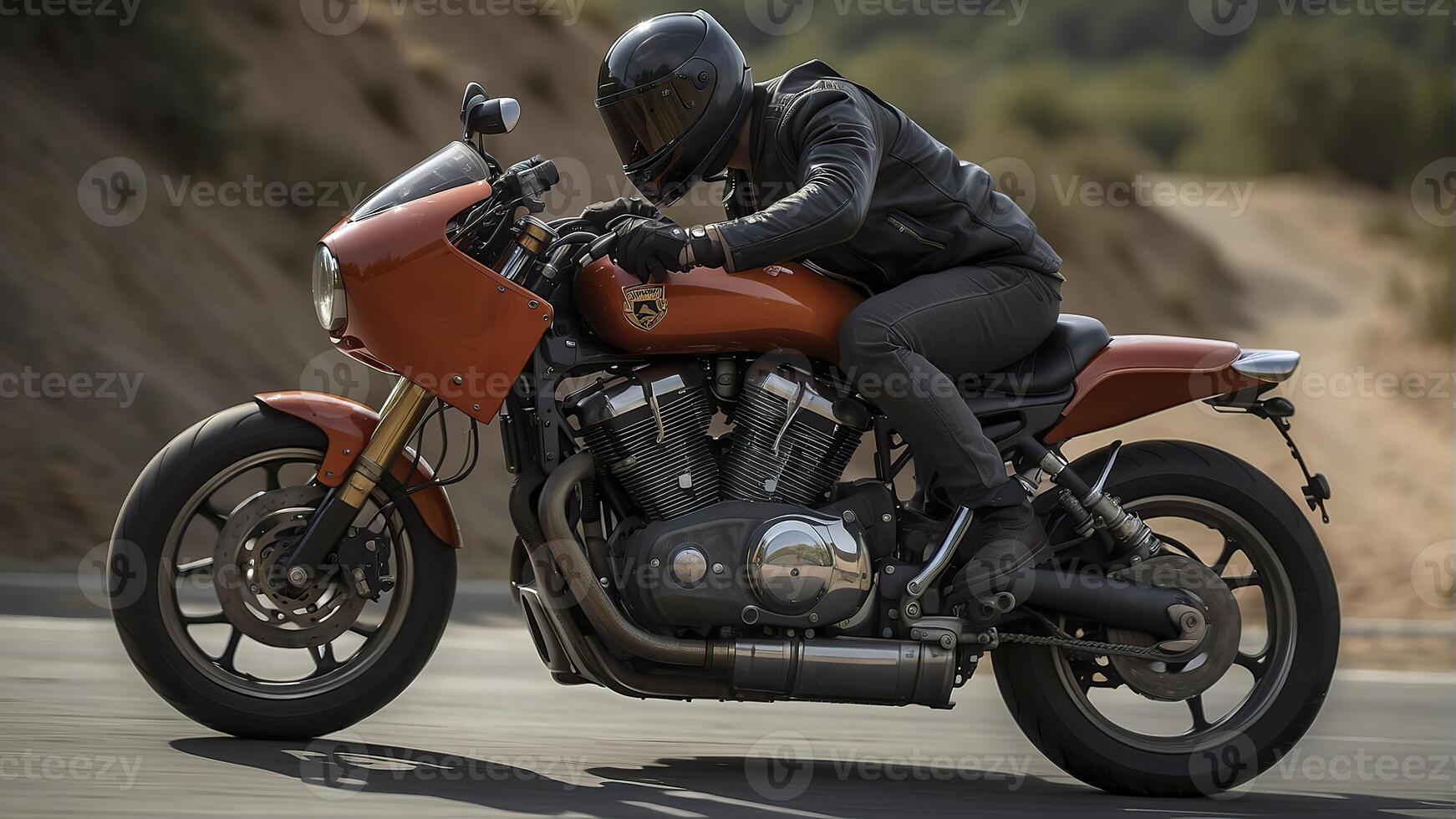 ai generato avvicinamento di un' motociclista su motociclo, motociclista equitazione un' bicicletta, motociclista con casco foto