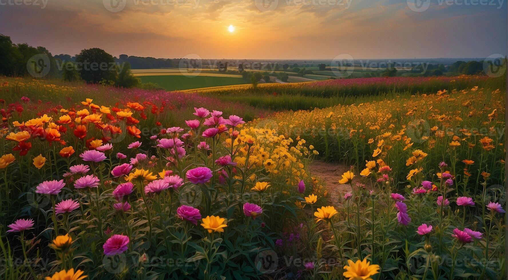 ai generato bellissimo fiore campo, estate scena, bellissimo fiori nel il campo, verde natura, panoramico Visualizza foto