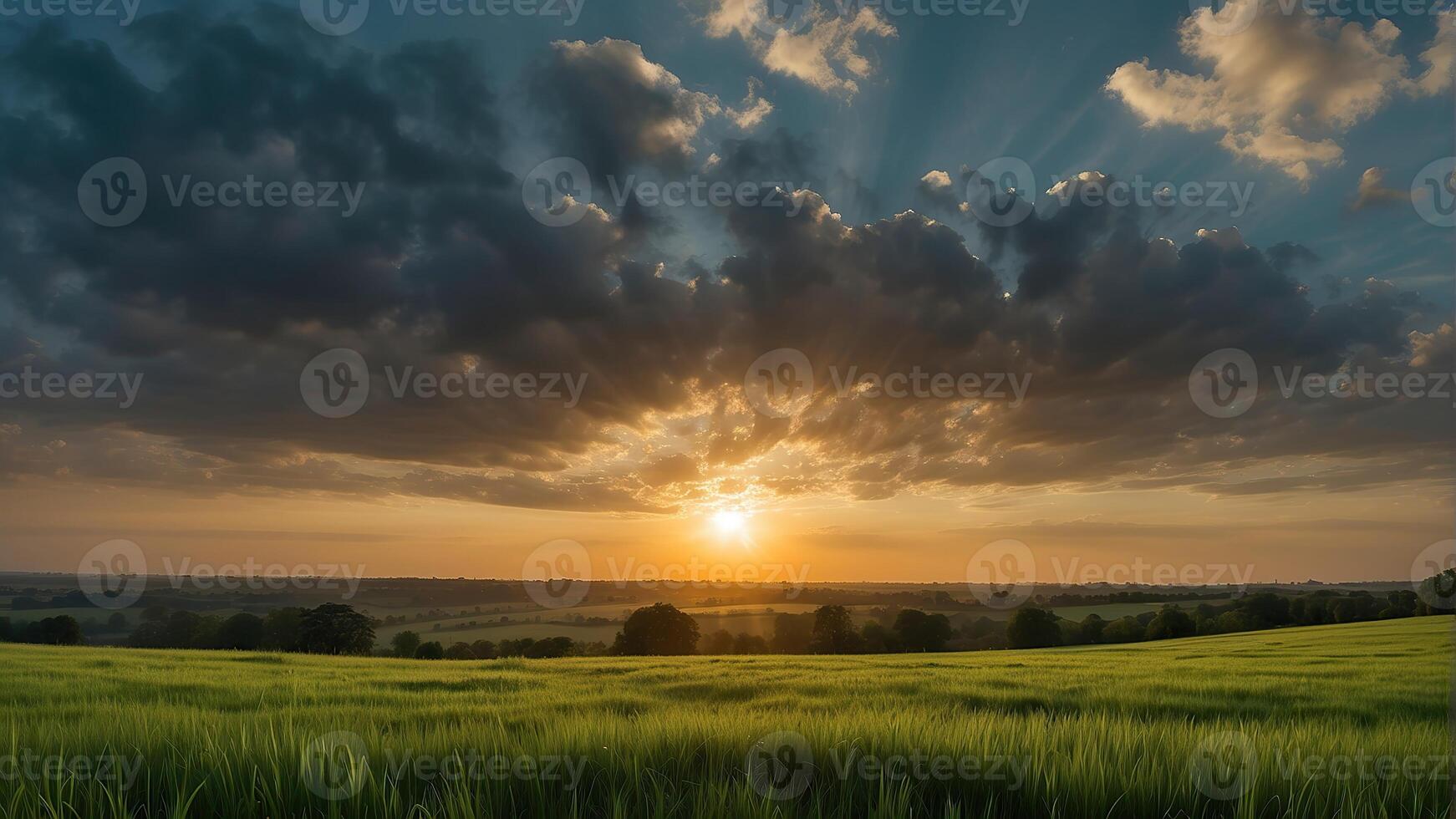 ai generato un' tramonto al di sopra di un' verde campo con il sole splendente attraverso il nuvole e il sole splendente attraverso il foglie, vento in movimento verde erba, panoramico Visualizza, estate scenario foto