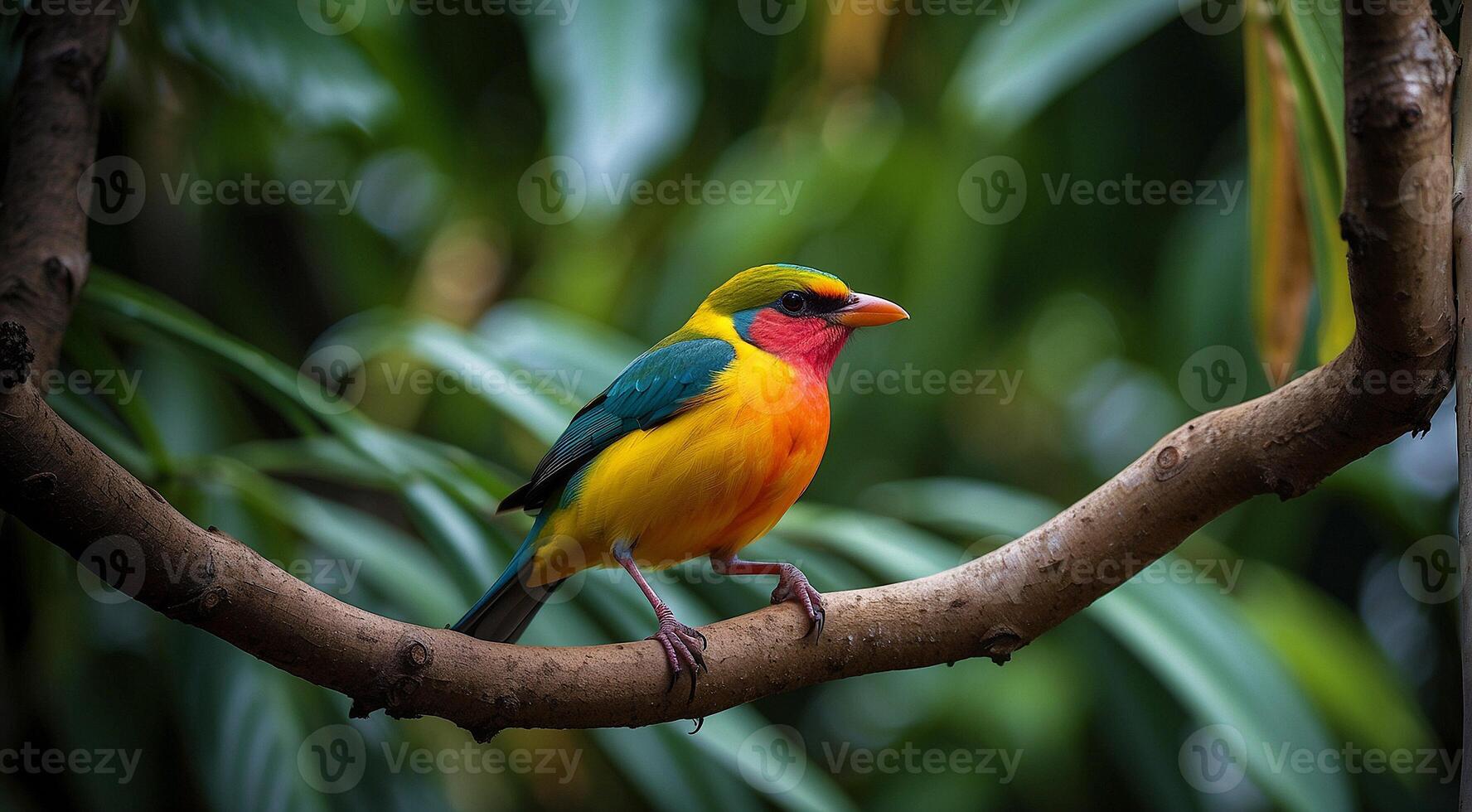 ai generato colorato bellissimo uccello seduta su il albero nel il giungla, colorato selvaggio uccello, colorato selvaggio uccello seduta su il ramo di albero nel giungla foto