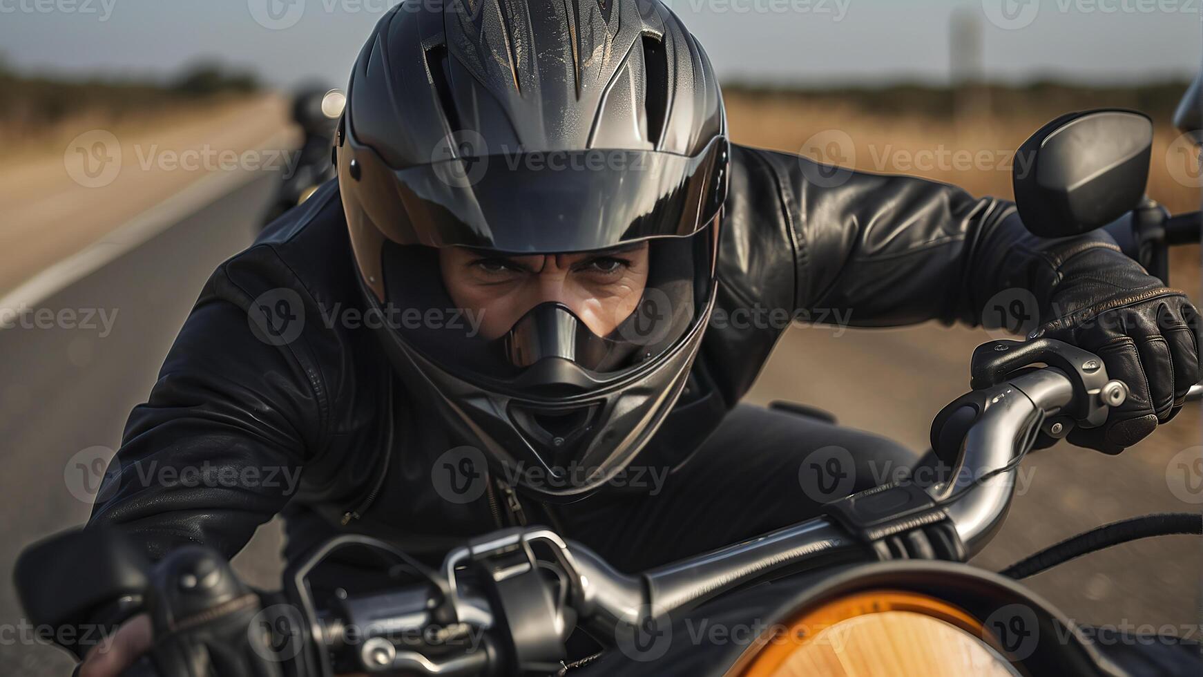 ai generato avvicinamento di un' motociclista su motociclo, motociclista equitazione un' bicicletta, motociclista con casco foto