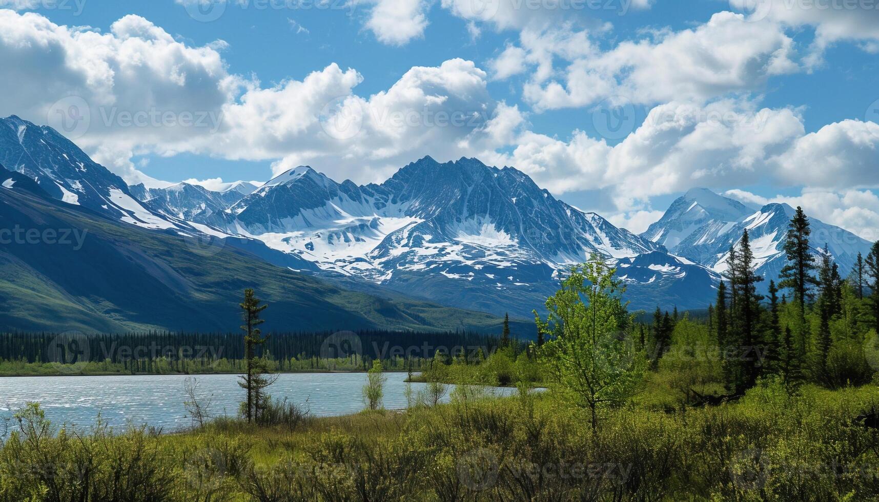 ai generato nevoso montagne di alaska, paesaggio con foreste, valli, e fiumi nel giorno. sereno natura selvaggia natura composizione sfondo sfondo, viaggio destinazione, avventura all'aperto foto