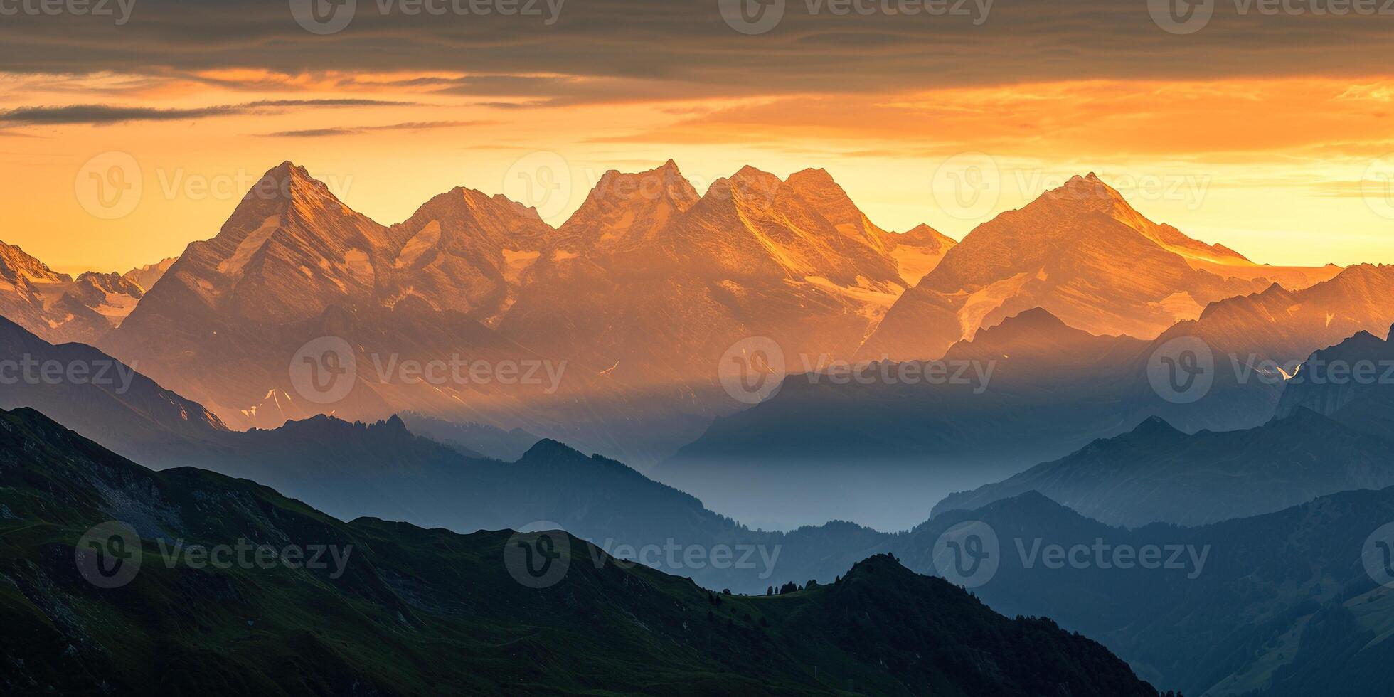 ai generato svizzero Alpi nevoso montagna gamma con valli e prati, campagna nel Svizzera paesaggio. d'oro ora maestoso ardente tramonto cielo, viaggio destinazione sfondo sfondo foto