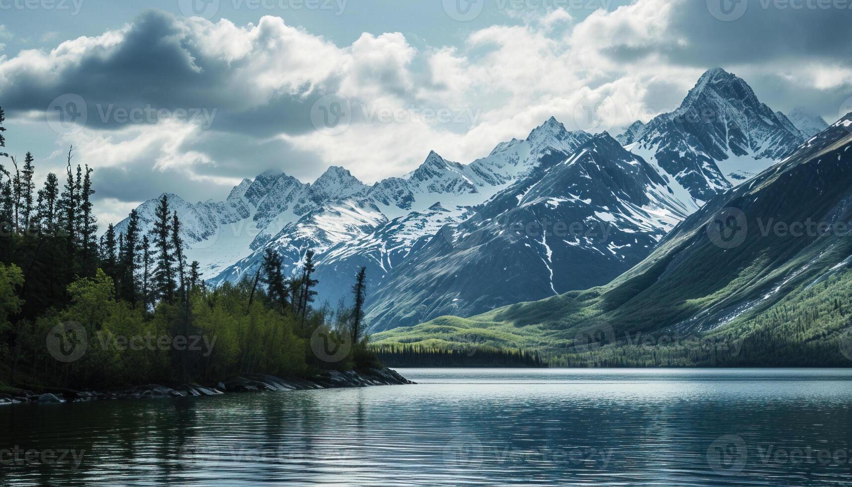 ai generato nevoso montagne di alaska, paesaggio con foreste, valli, e fiumi nel giorno. sereno natura selvaggia natura composizione sfondo sfondo, viaggio destinazione, avventura all'aperto foto