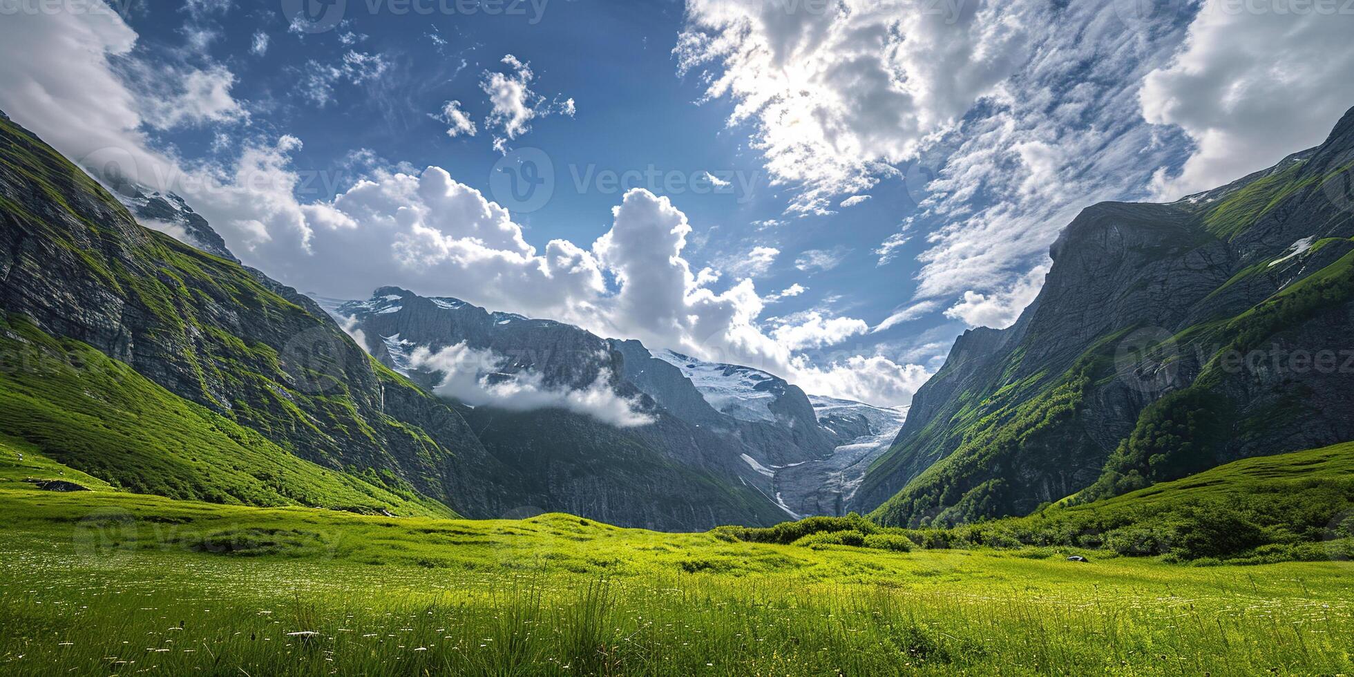 ai generato svizzero Alpi montagna gamma con lussureggiante foresta valli e prati, campagna nel Svizzera paesaggio. nevoso montagna cime nel il orizzonte, viaggio destinazione sfondo sfondo foto