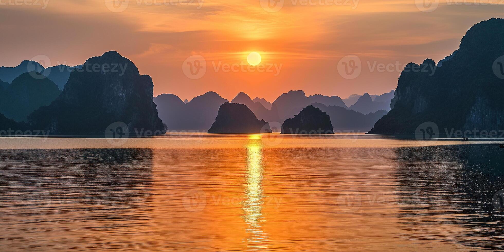 ai generato ah lungo baia, halong baia mondo eredità luogo, calcare isole, Smeraldo acque con Barche nel Provincia, Vietnam. tramonto, viaggio destinazione, naturale Meraviglia paesaggio sfondo sfondo foto