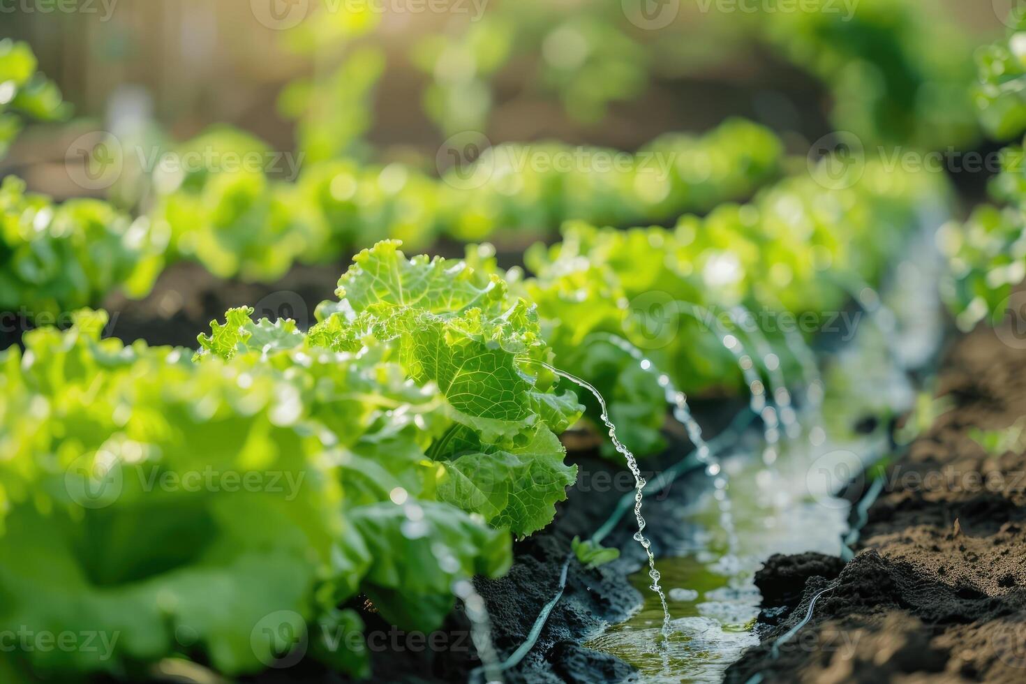 ai generato lattuga nel il campo. precisione irrigazione sistemi per efficiente acqua uso nel agricoltura. foto