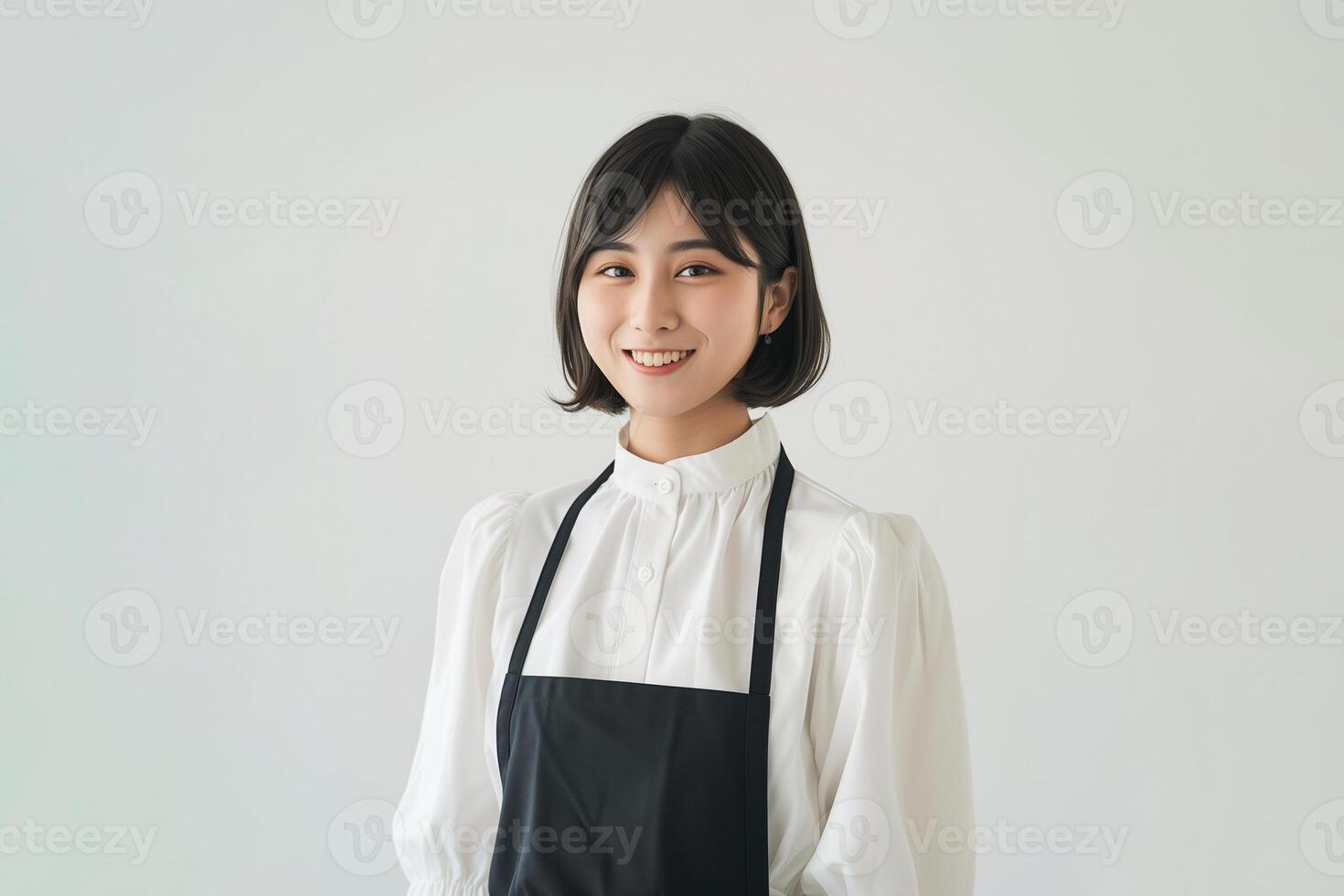 ai generato un' giapponese donna con corto peso capelli indossare un' bianca camicetta e un' nero grembiule foto