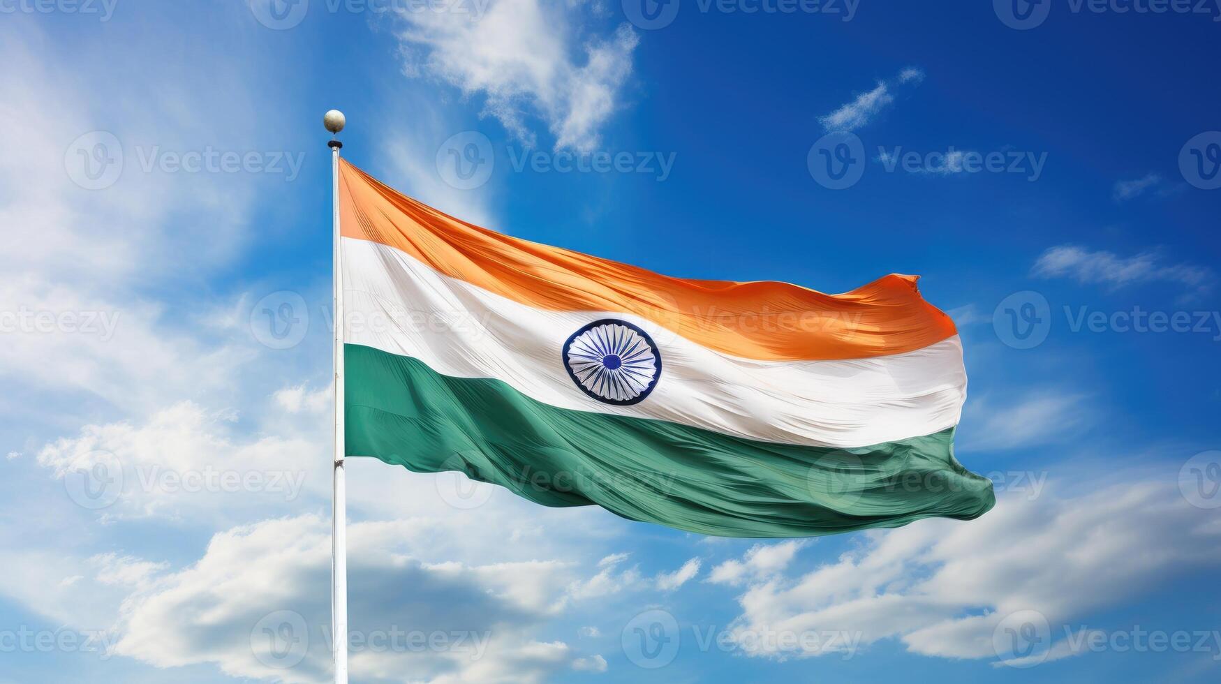 ai generato indiano bandiera agitando su blu cielo sfondo foto