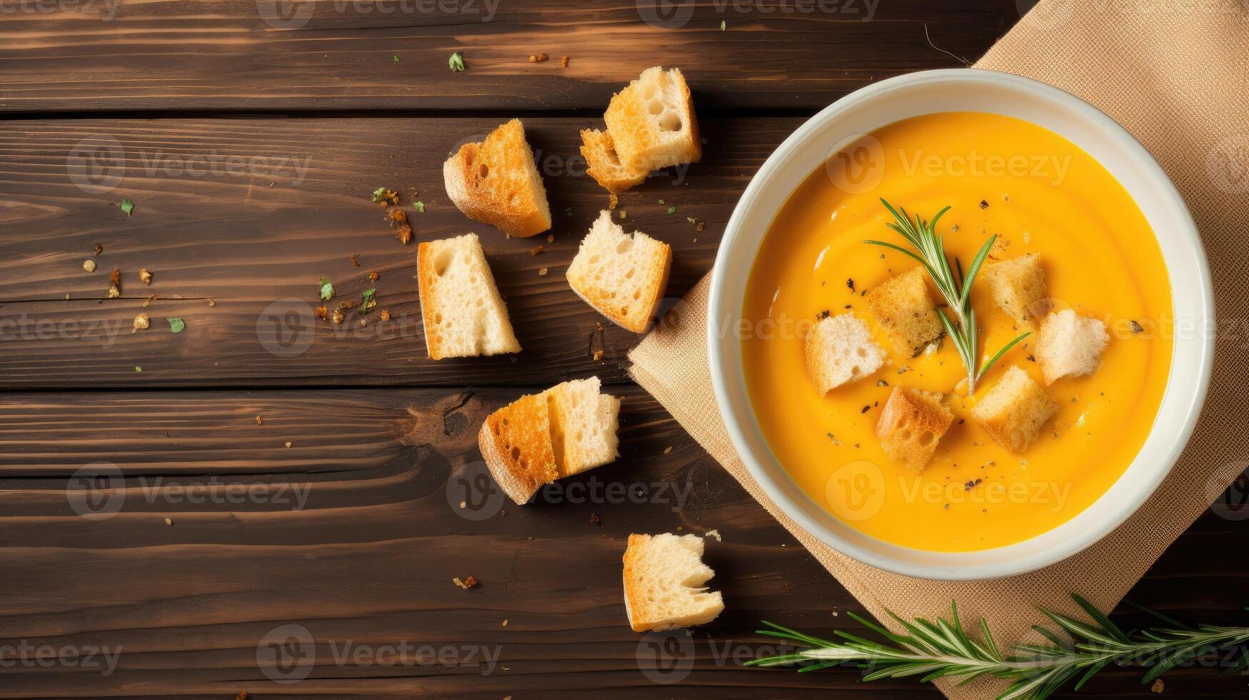 ai generato autunno zucca crema la minestra con rosmarino erba e crostini. foto