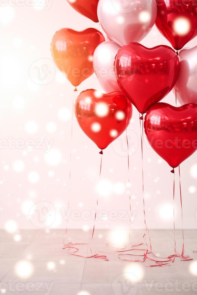 ai generato elegante rosso metallico San Valentino cuore palloncini su un' pianura bianca grafico sfondo san valentino giorno romantico bokeh morbido illuminazione foto