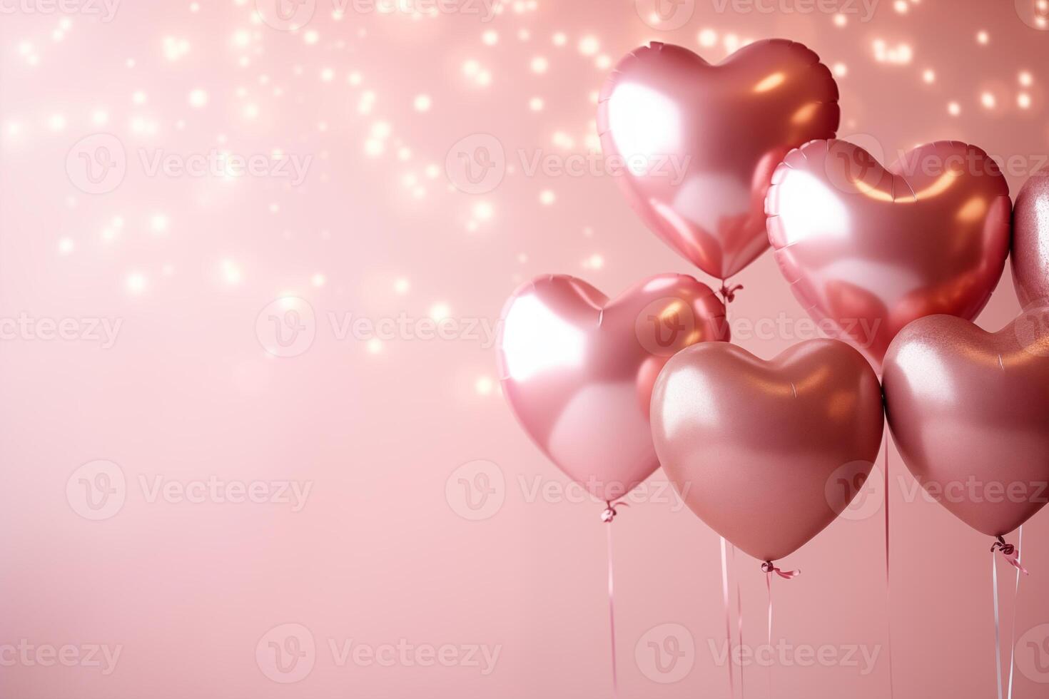 ai generato elegante metallico rosa oro San Valentino cuore palloncini su un' pianura bianca grafico sfondo san valentino giorno romantico bokeh morbido illuminazione foto