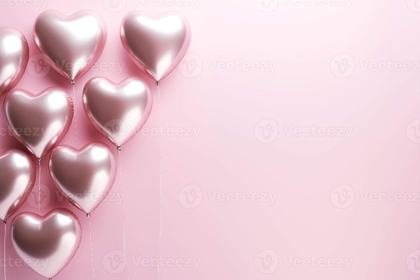 ai generato elegante metallico rosa oro San Valentino cuore palloncini su un' pianura bianca grafico sfondo san valentino giorno romantico bokeh morbido illuminazione foto