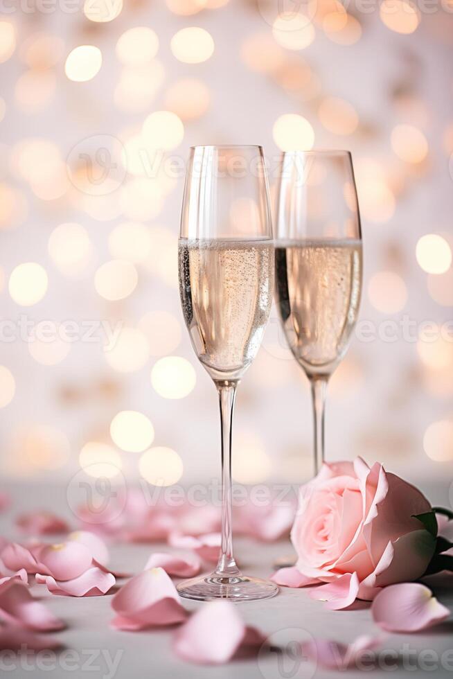 ai generato Due Champagne bicchieri con rosa rosa petali su un' bokeh leggero grafico sfondo san valentino giorno romantico morbido illuminazione foto